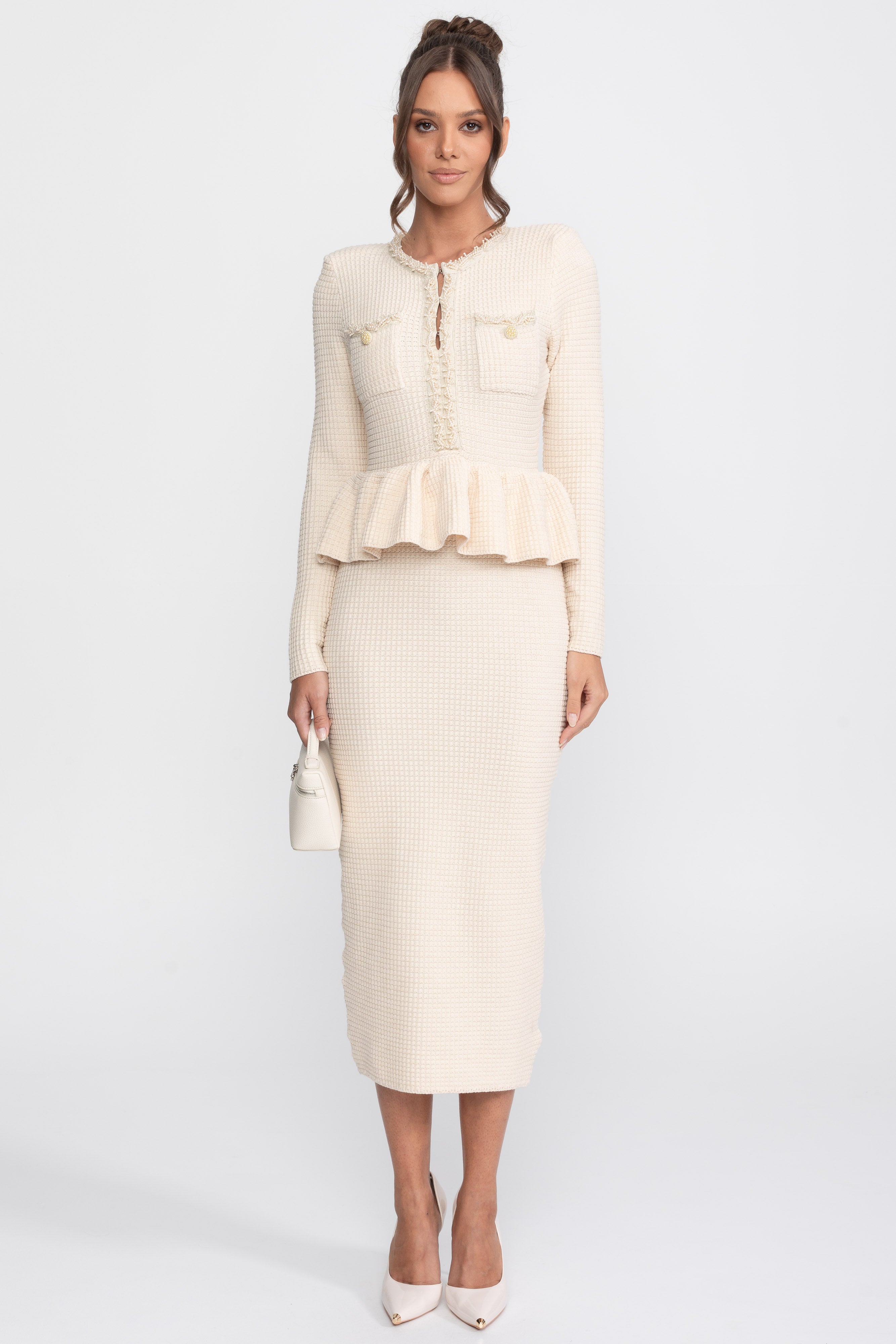 Fringe Trim Knit Peplum Dress With Front Chest Pockets - Beige