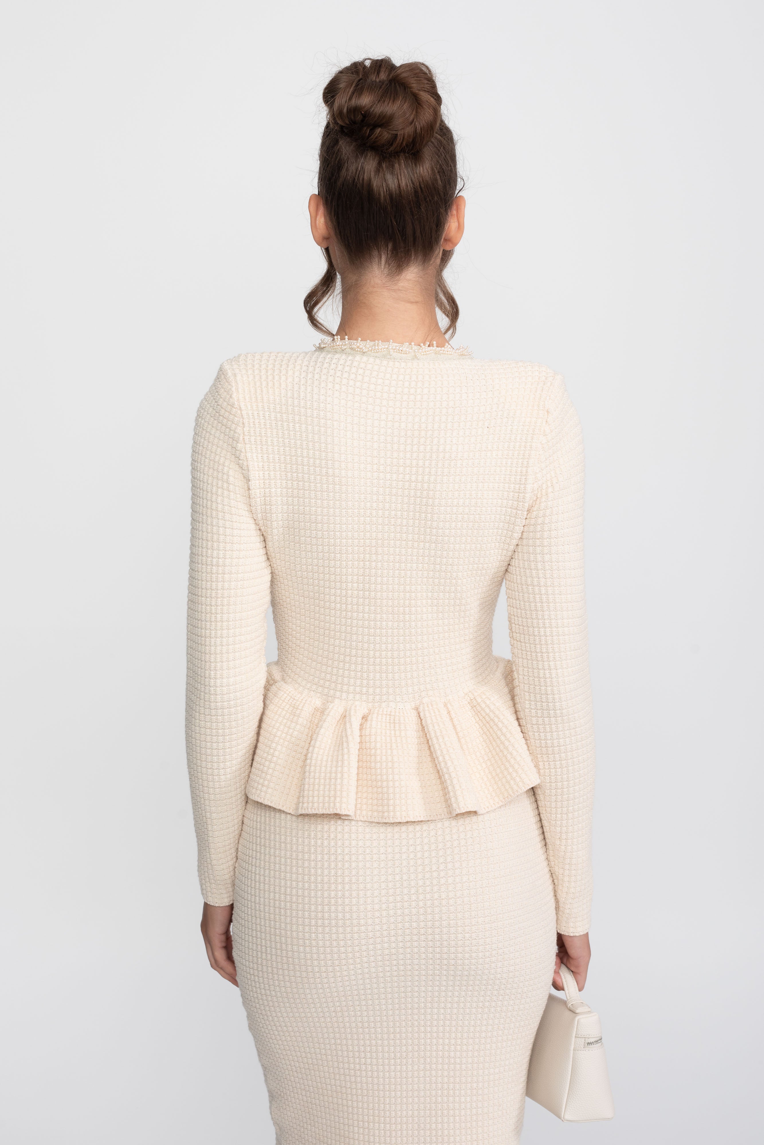 Fringe Trim Knit Peplum Dress With Front Chest Pockets - Beige
