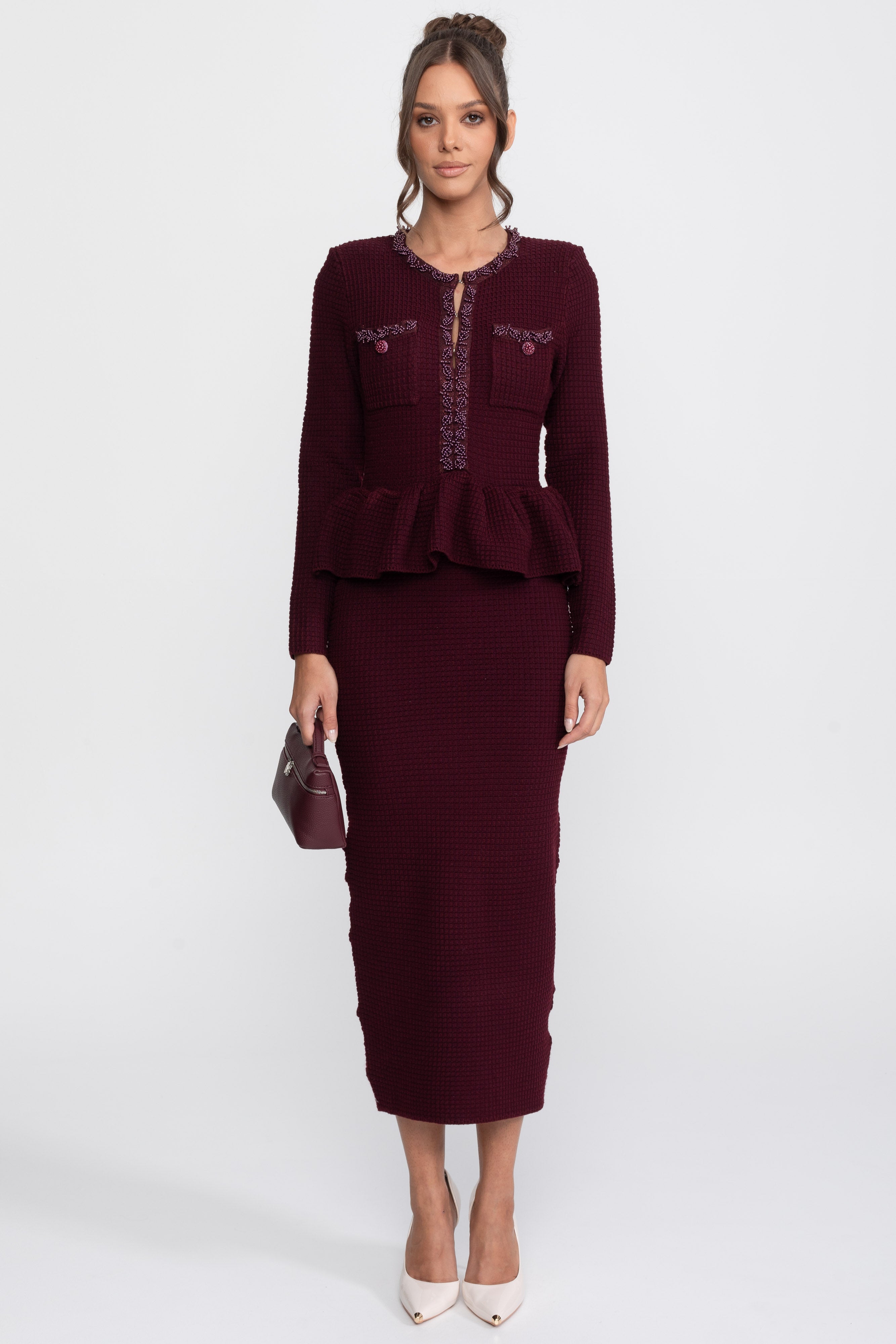 Fringe Trim Knit Peplum Dress With Front Chest Pockets - Burgundy
