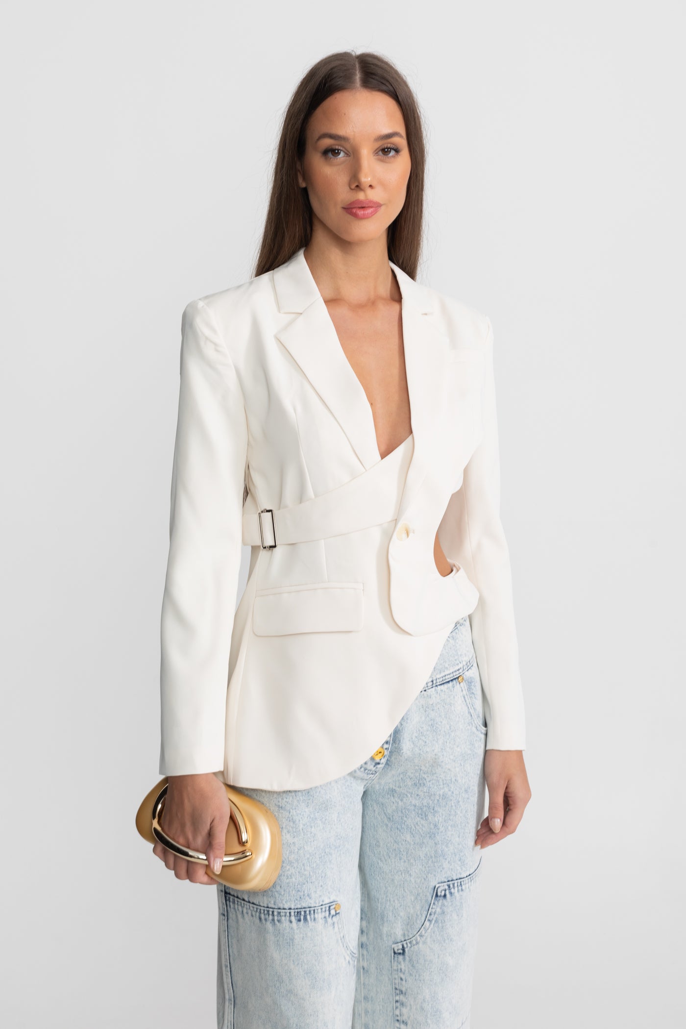 Asymmetric Cut-Out Blazer with Belt Detail - White