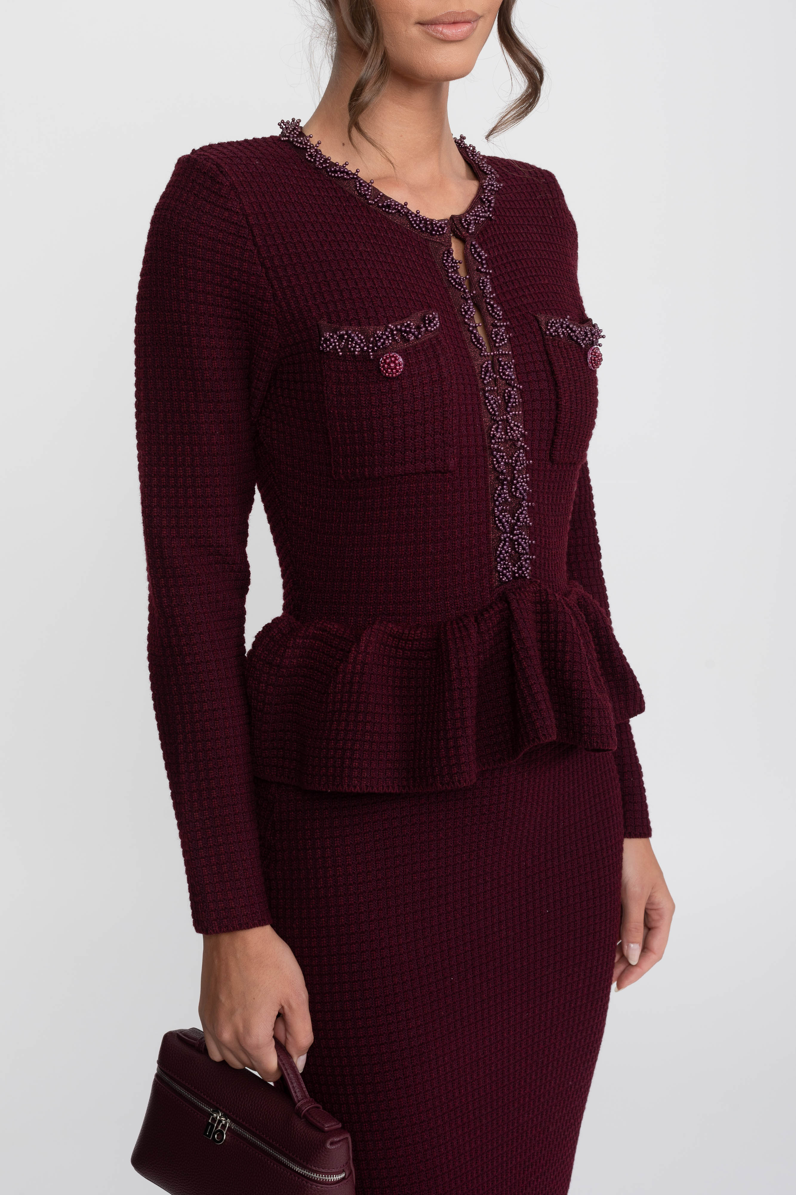 Fringe Trim Knit Peplum Dress With Front Chest Pockets - Burgundy