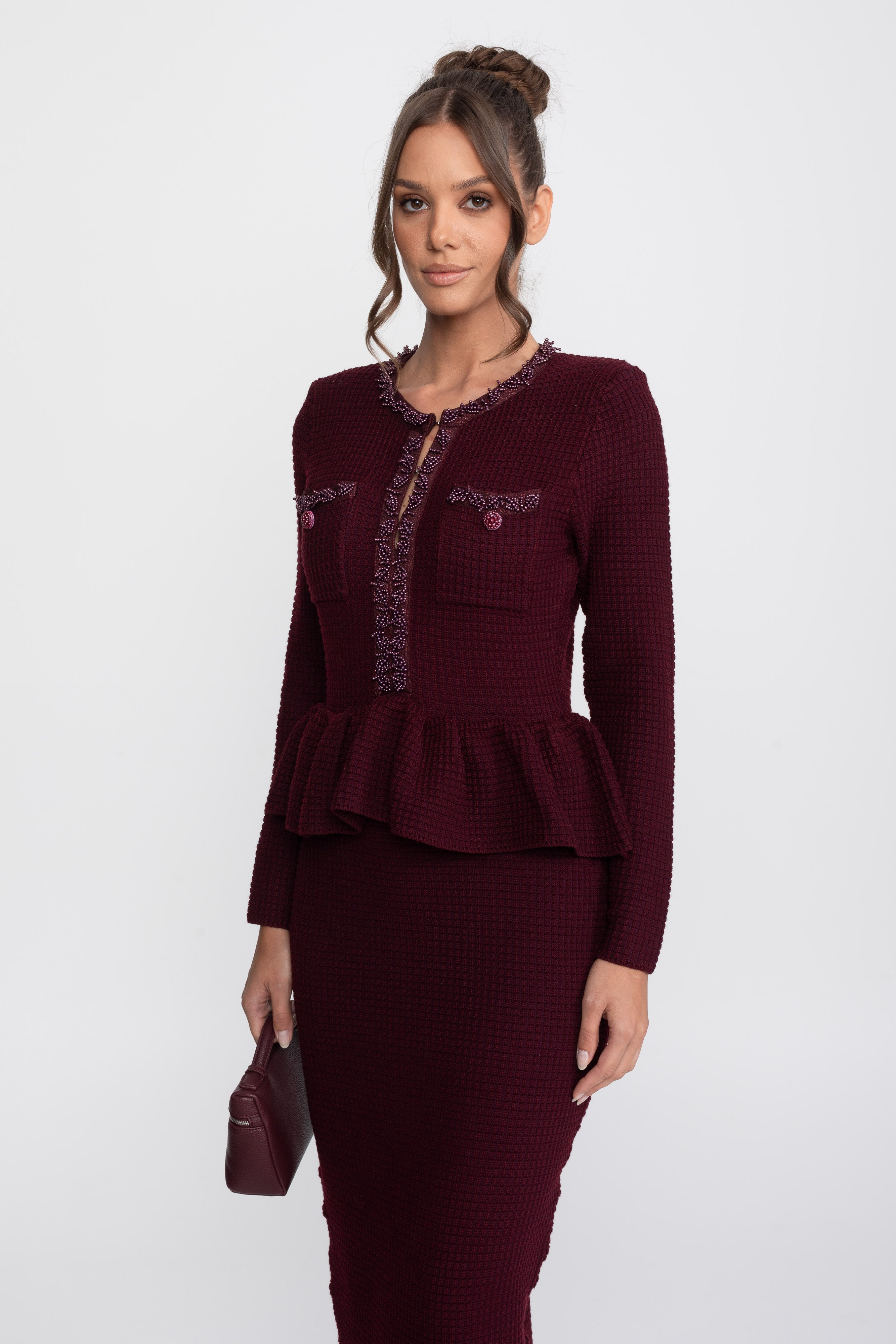 Fringe Trim Knit Peplum Dress With Front Chest Pockets - Burgundy