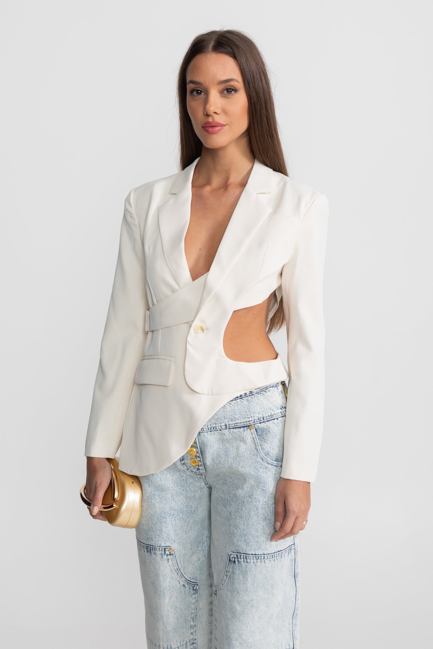 Asymmetric Cut-Out Blazer with Belt Detail - White