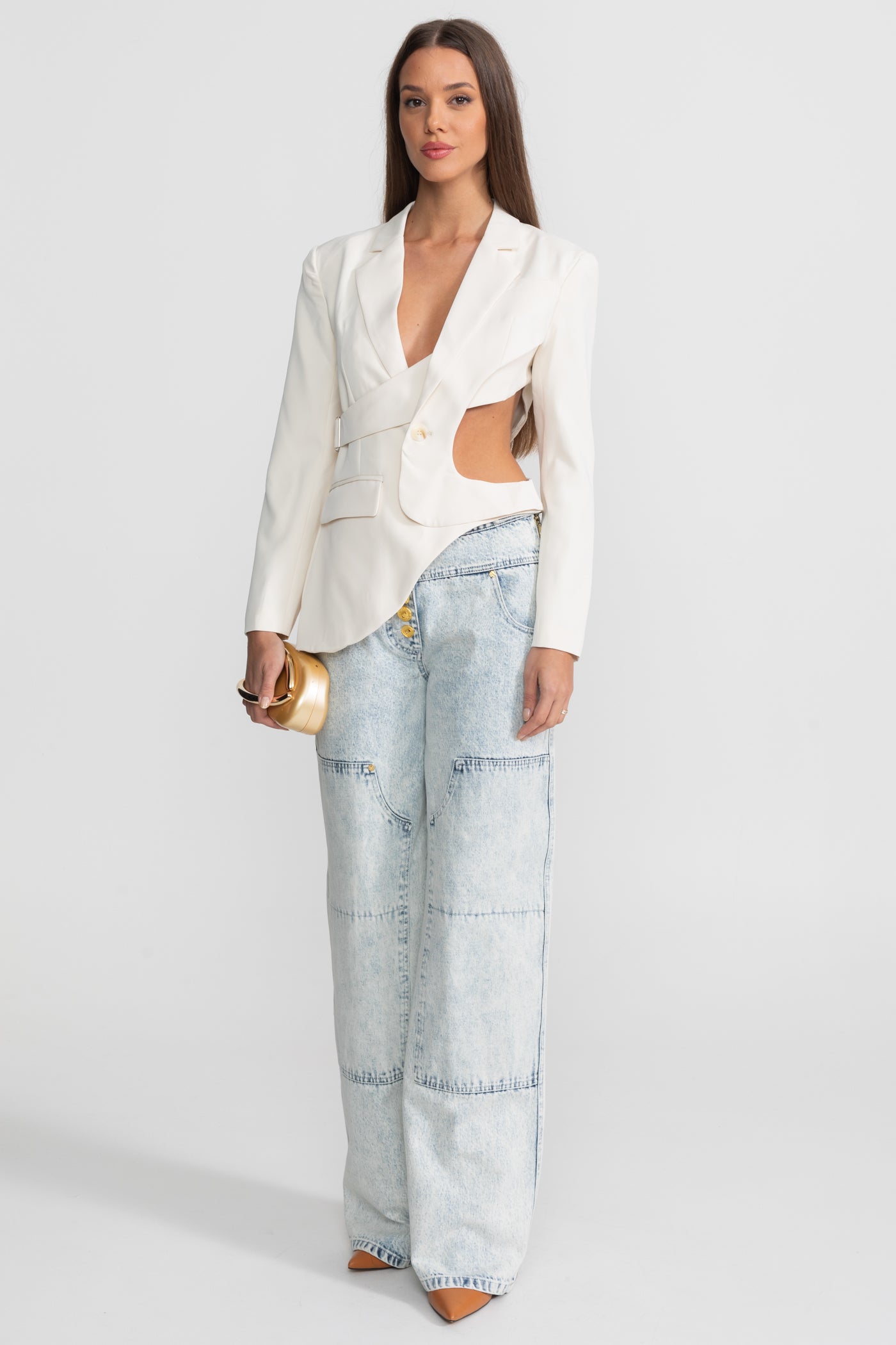 Asymmetric Cut-Out Blazer with Belt Detail - White