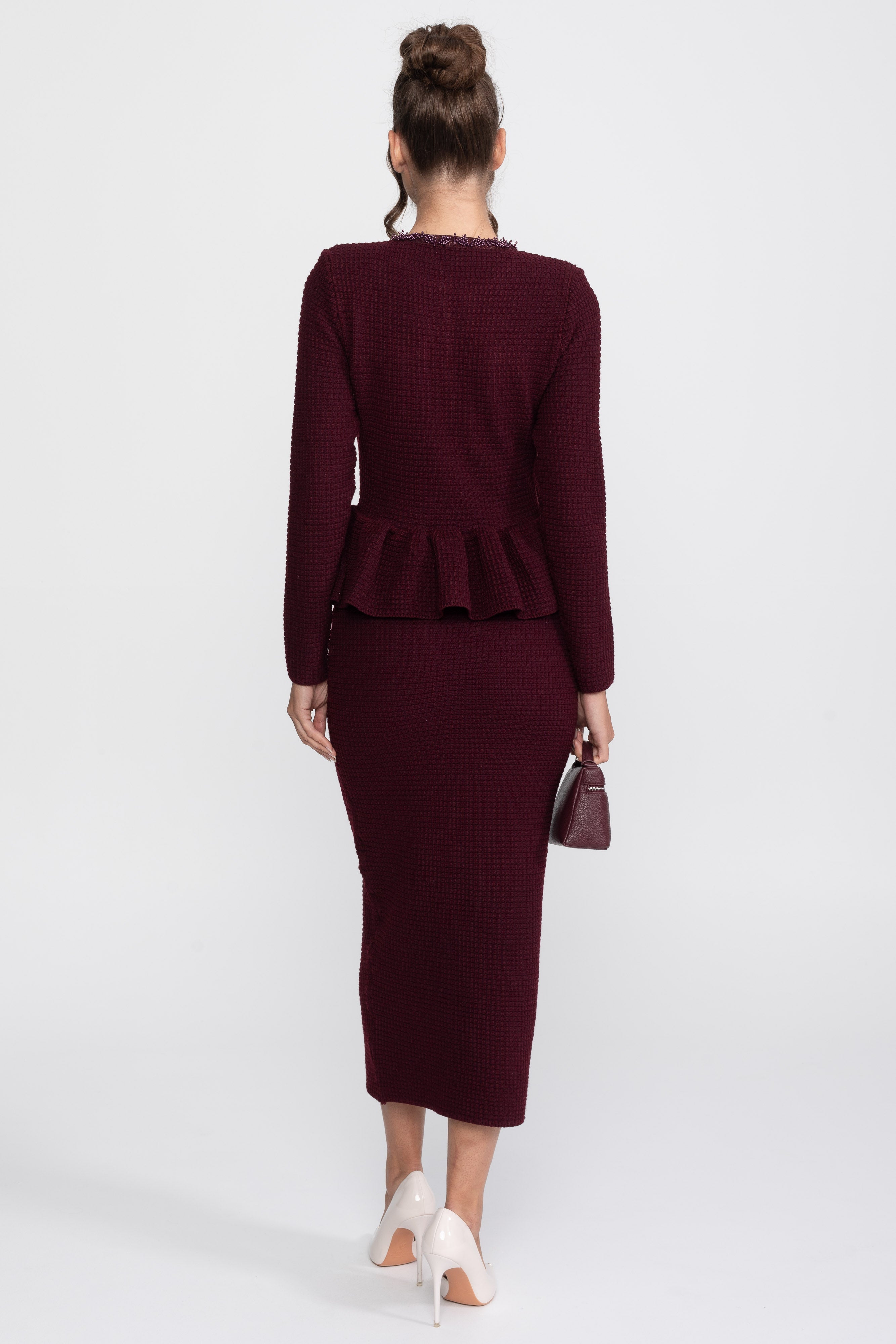 Fringe Trim Knit Peplum Dress With Front Chest Pockets - Burgundy