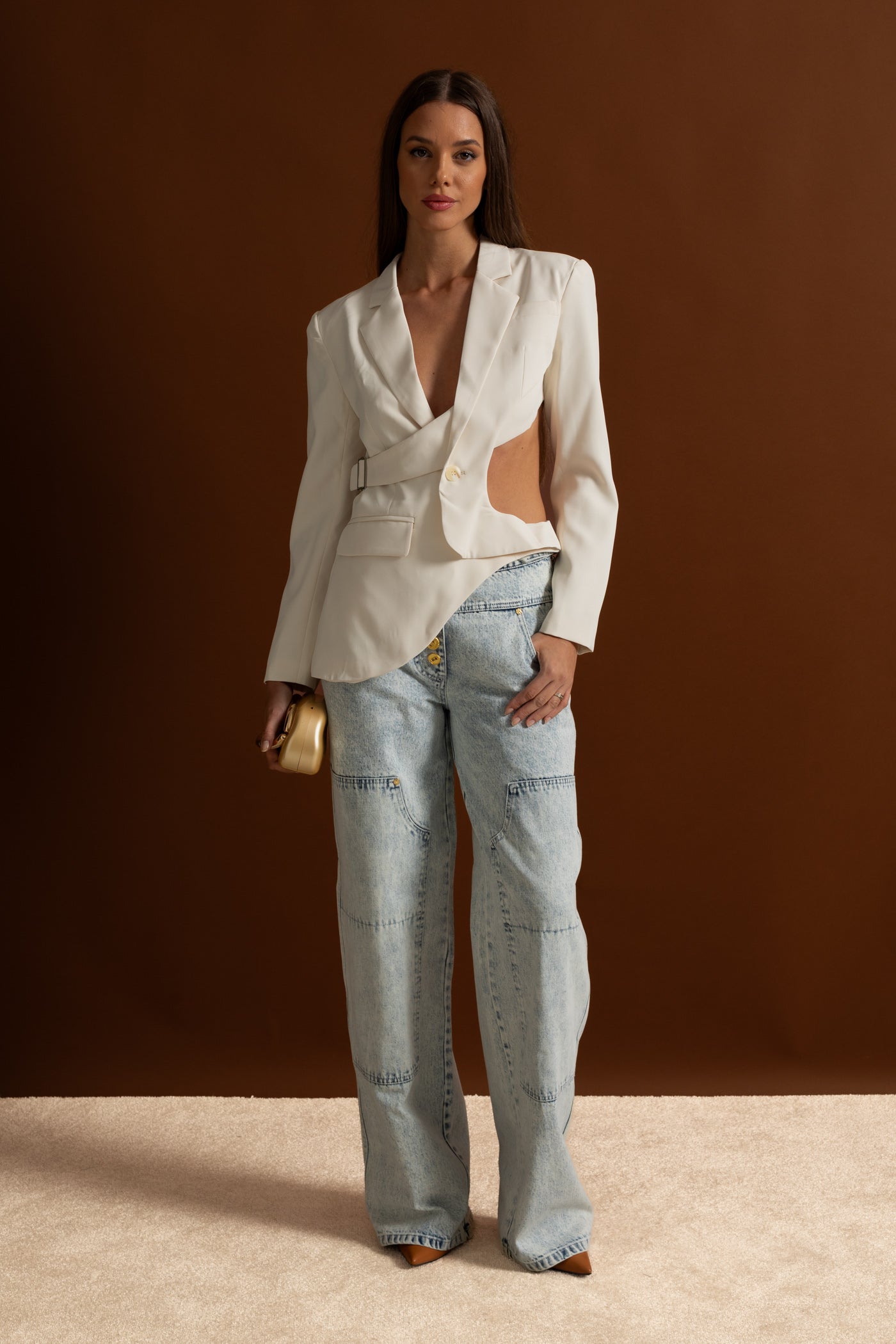 Asymmetric Cut-Out Blazer with Belt Detail - White