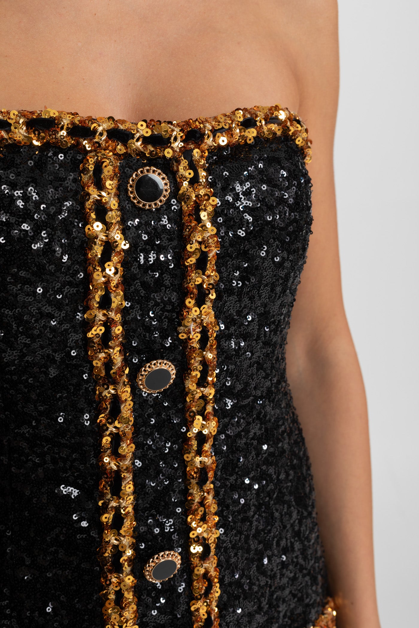 Strapless Sequin Mini Dress With Chain Trim Detailing – Black