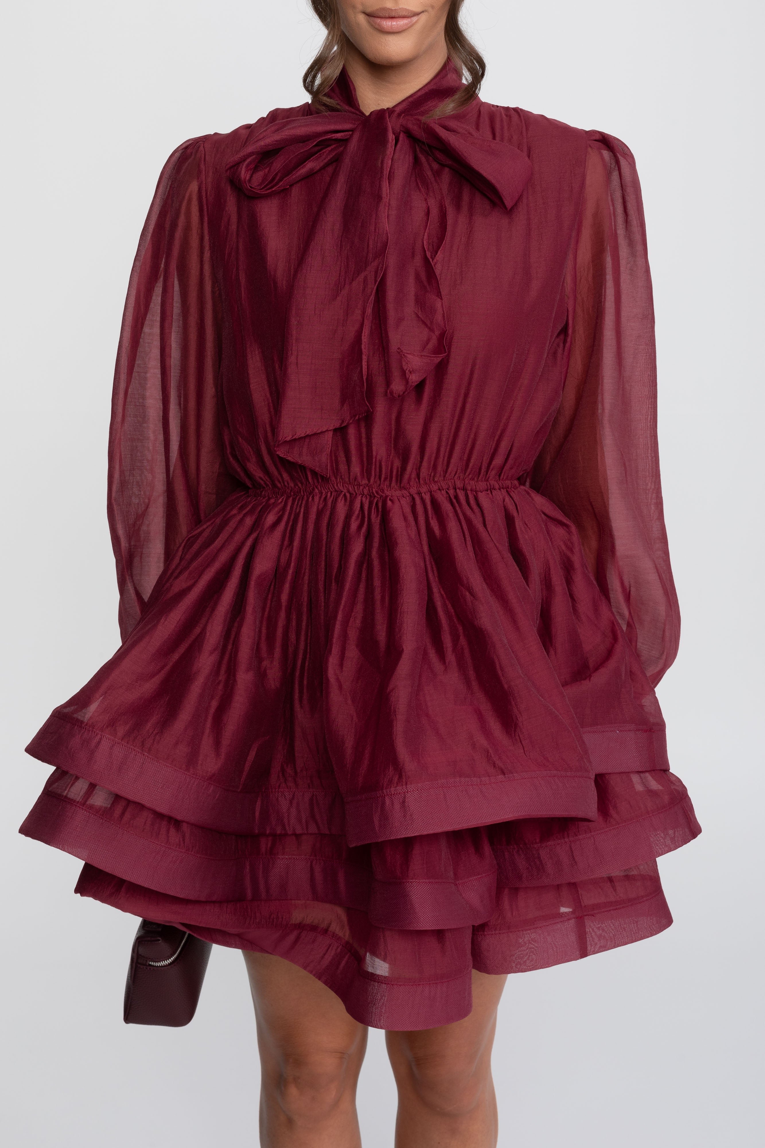 High-Neck Puff-Sleeve Mini Dress With Tiered Ruffle Skirt And Bow - Wine