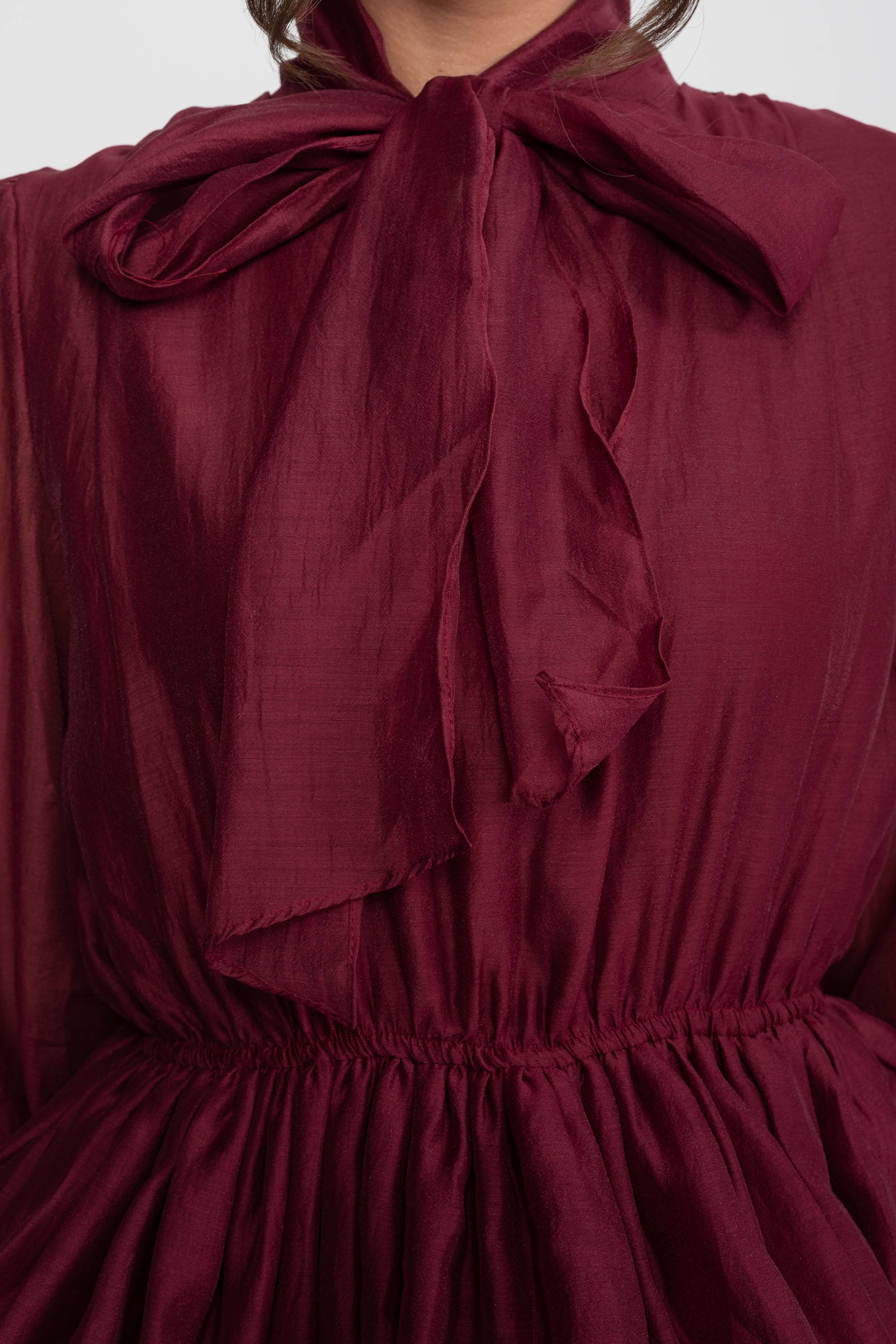 High-Neck Puff-Sleeve Mini Dress With Tiered Ruffle Skirt And Bow - Wine