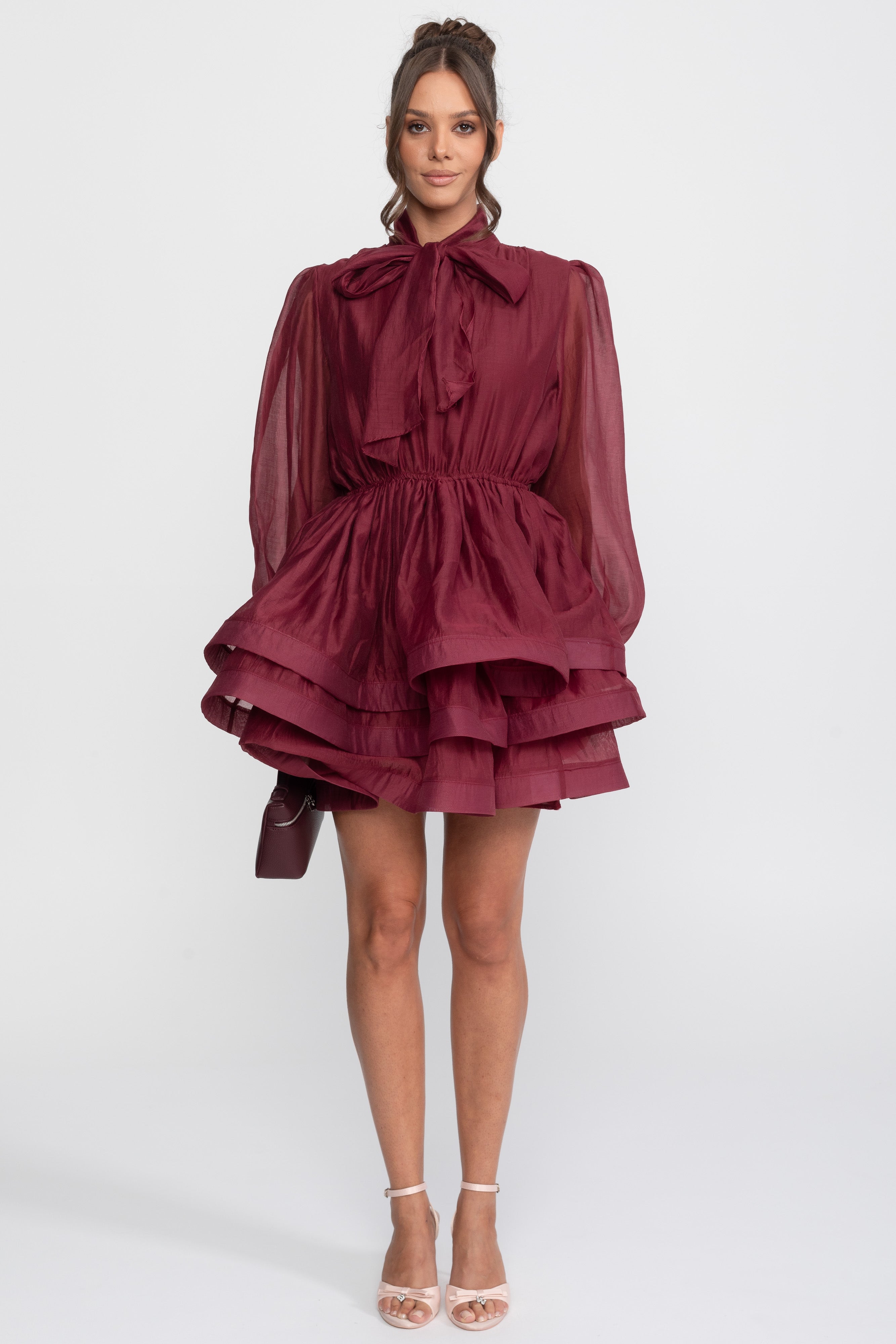 High-Neck Puff-Sleeve Mini Dress With Tiered Ruffle Skirt And Bow - Wine