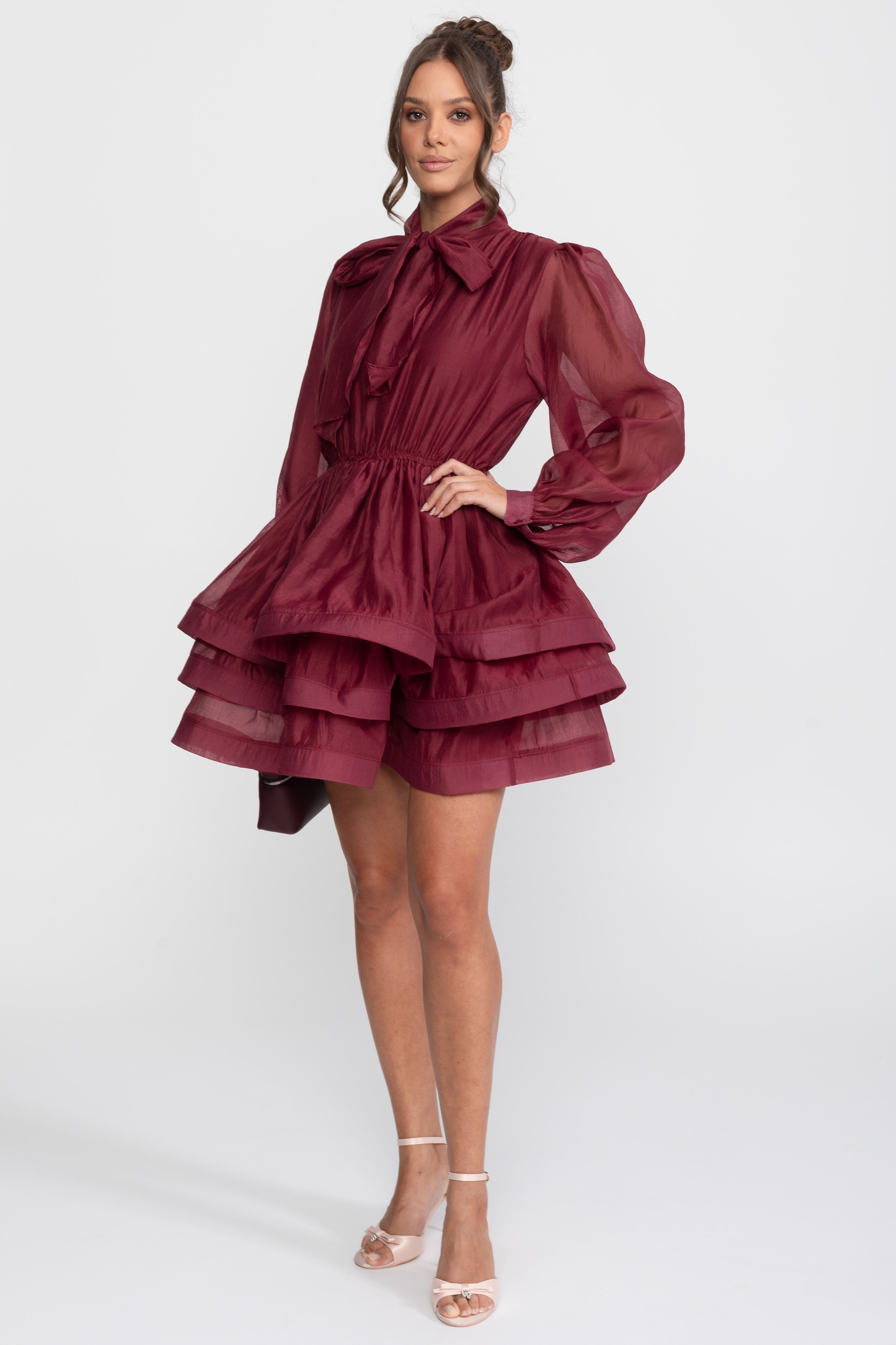 High-Neck Puff-Sleeve Mini Dress With Tiered Ruffle Skirt And Bow - Wine