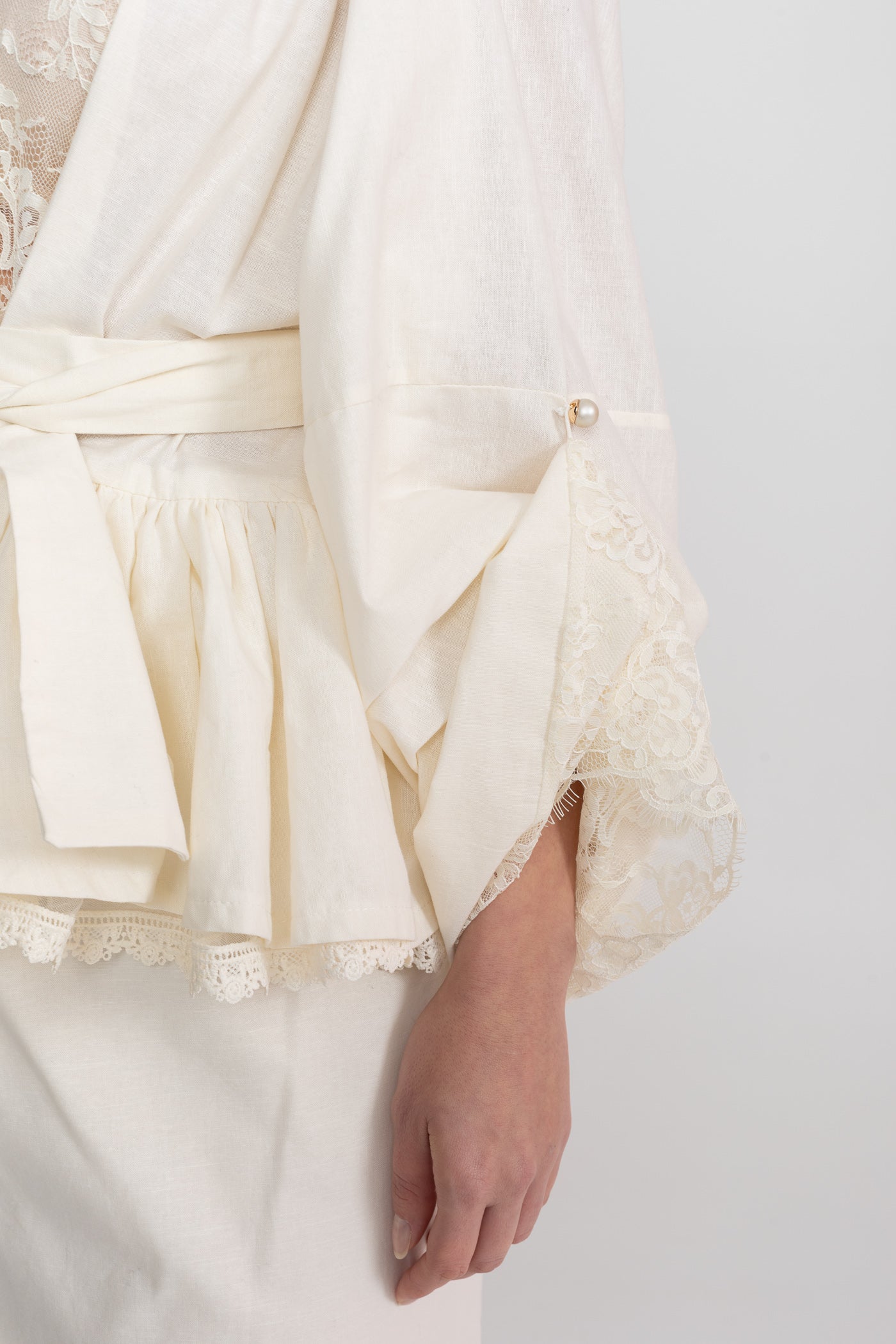 Belted Peplum Co-Ord Set With Lace Insert Detailing - Ivoire
