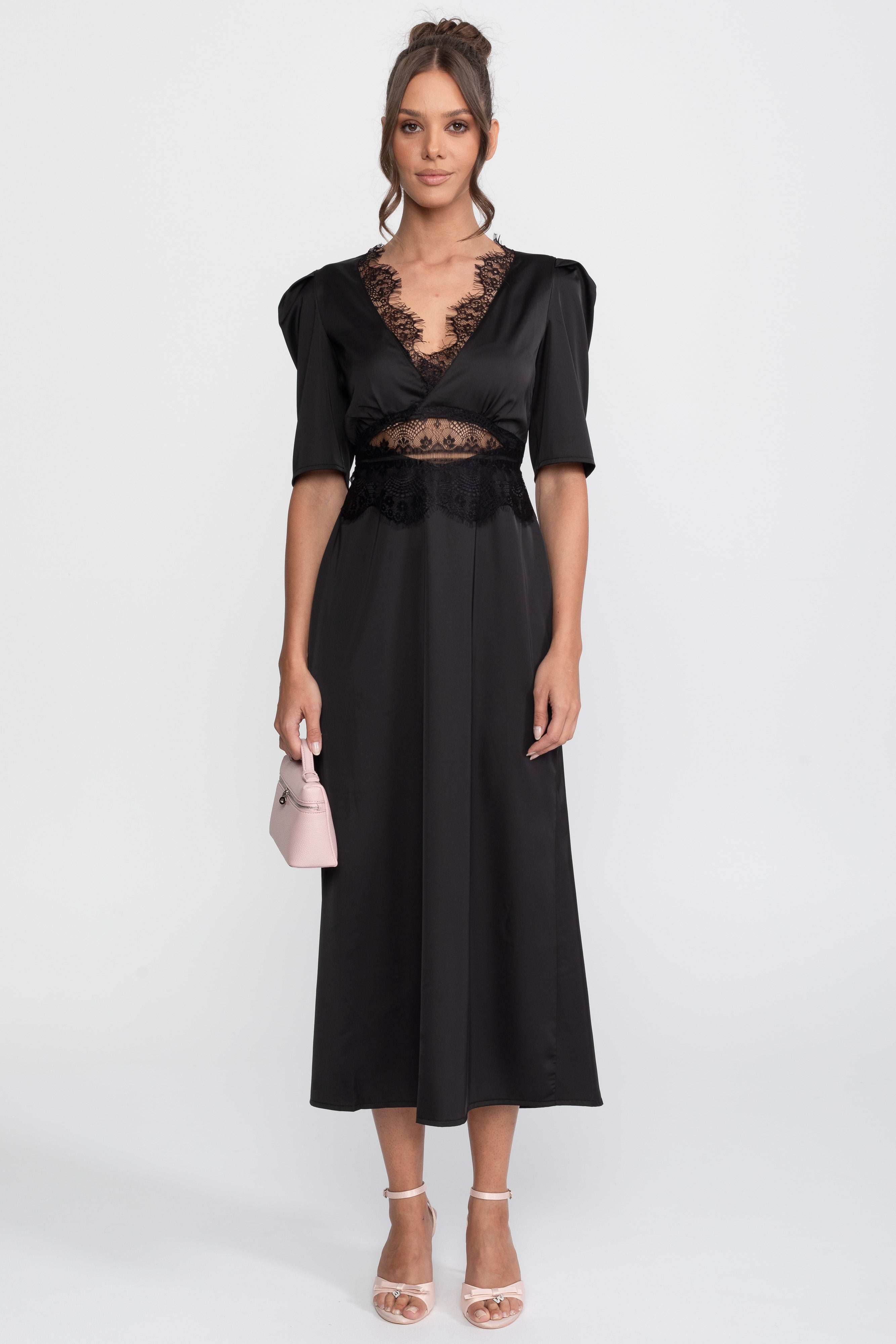 Lace-Trim Polka Dot Midi Dress With Puff Sleeves - Black