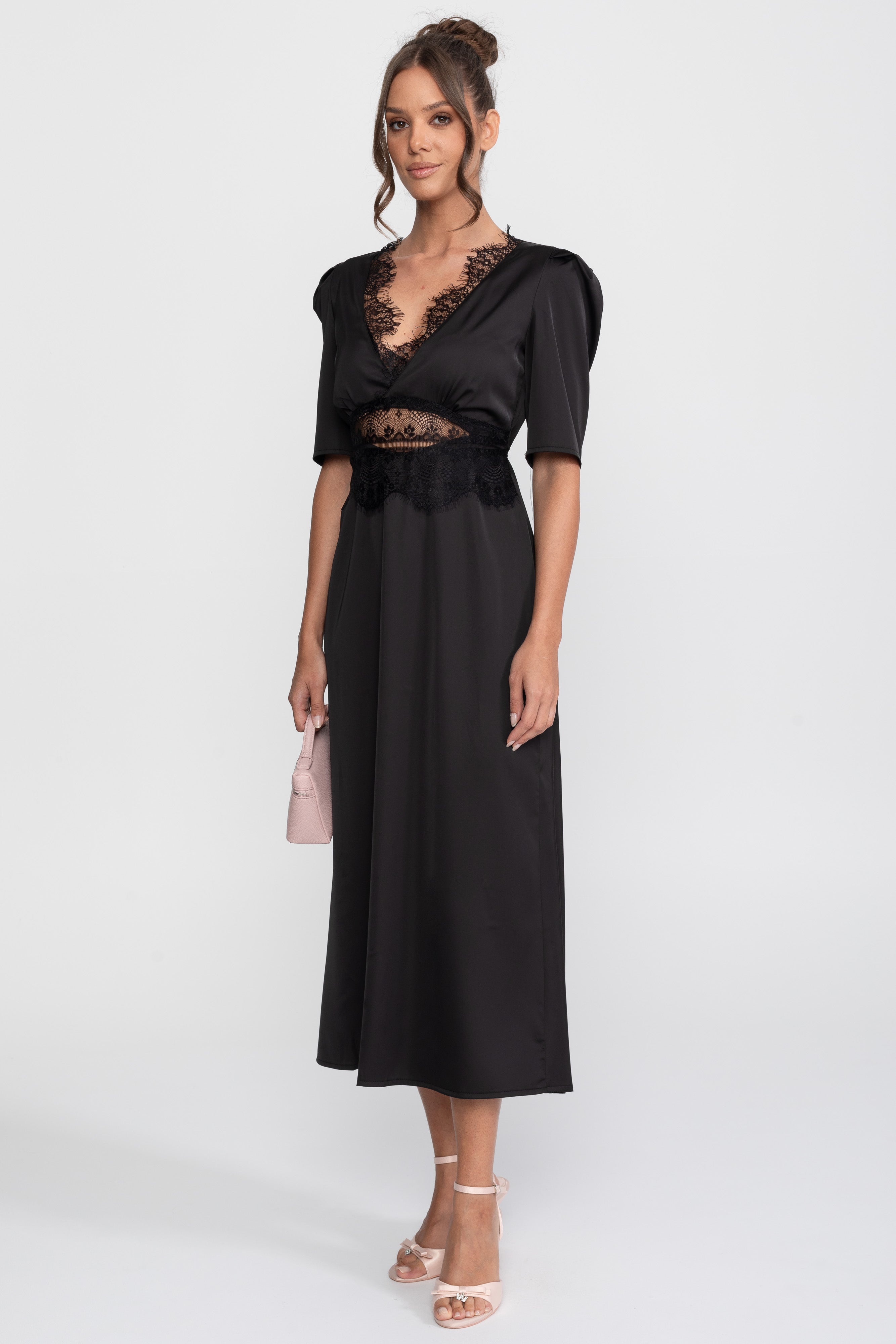 Lace-Trim Polka Dot Midi Dress With Puff Sleeves - Black