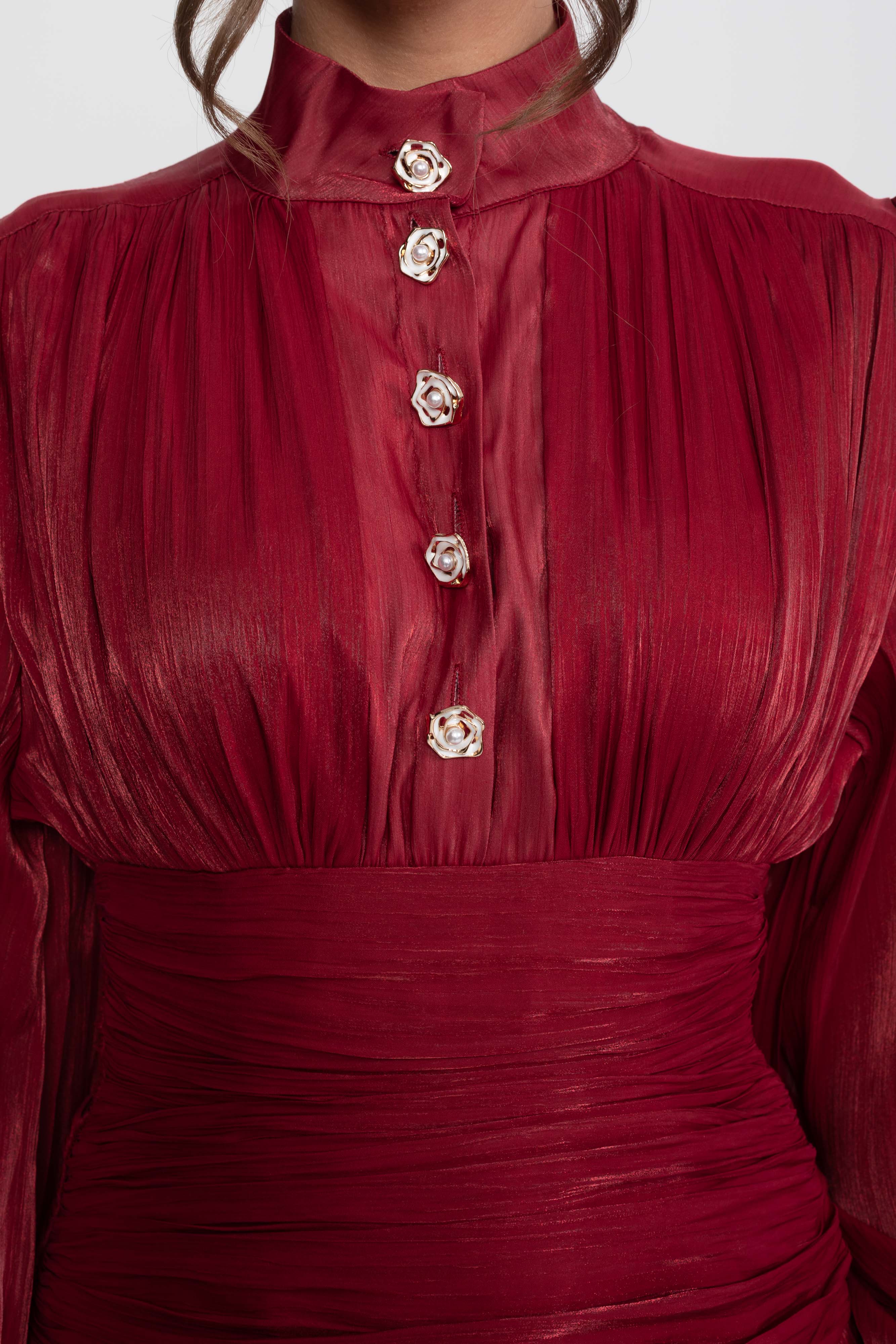 Balloon-Sleeve Tiered Maxi Dress With Jeweled Rose Buttons - Red