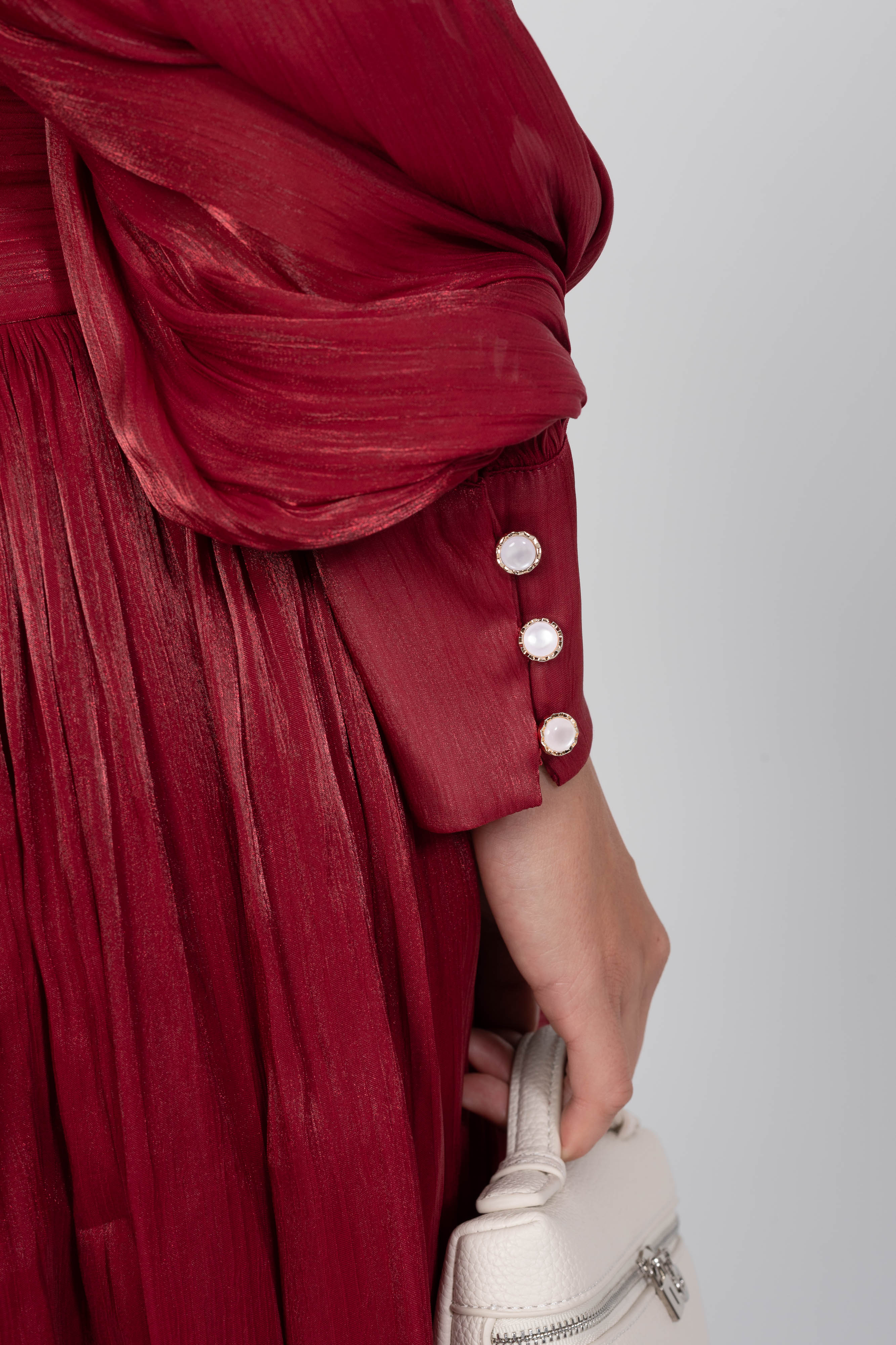 Balloon-Sleeve Tiered Maxi Dress With Jeweled Rose Buttons - Red