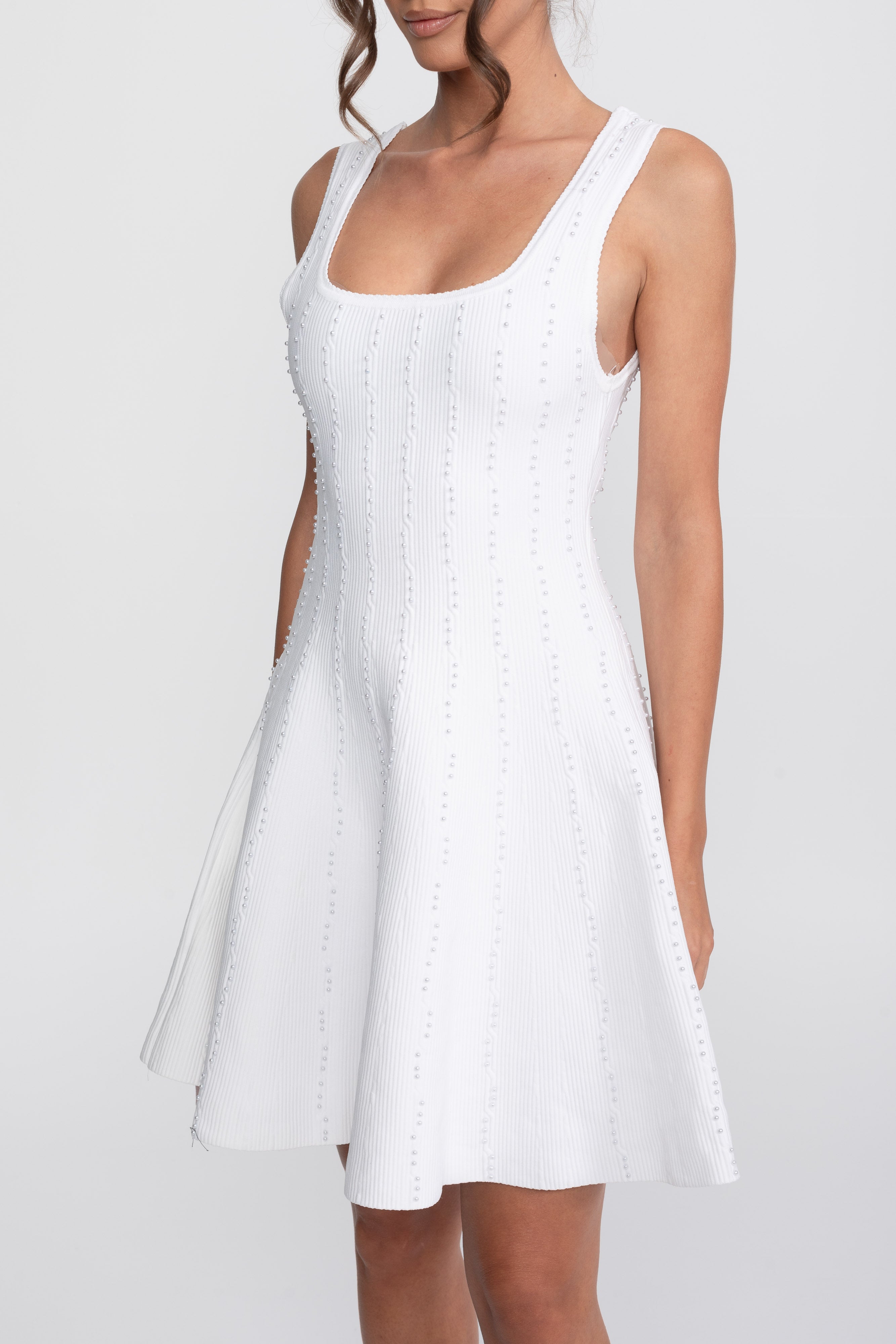 Pearl Beaded Ribbed Mini Dress With Square Neck - White