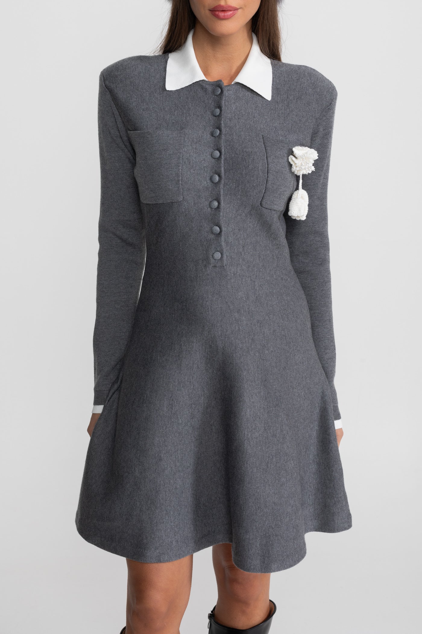Mini Dress with Contrast Collar and Floral Brooch - Gray