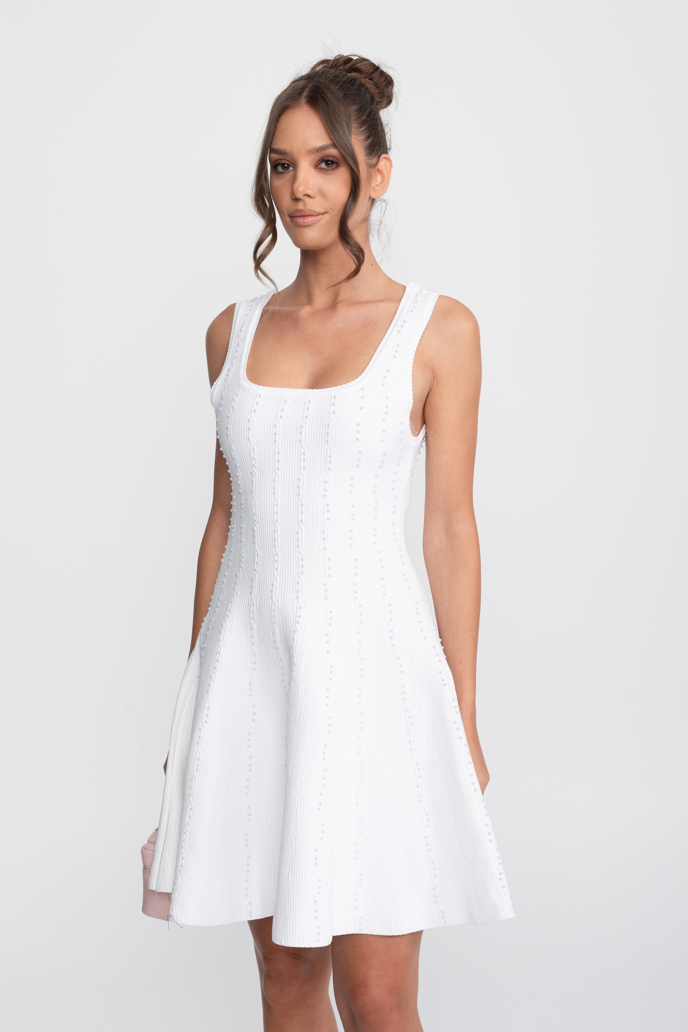 Pearl Beaded Ribbed Mini Dress With Square Neck - White