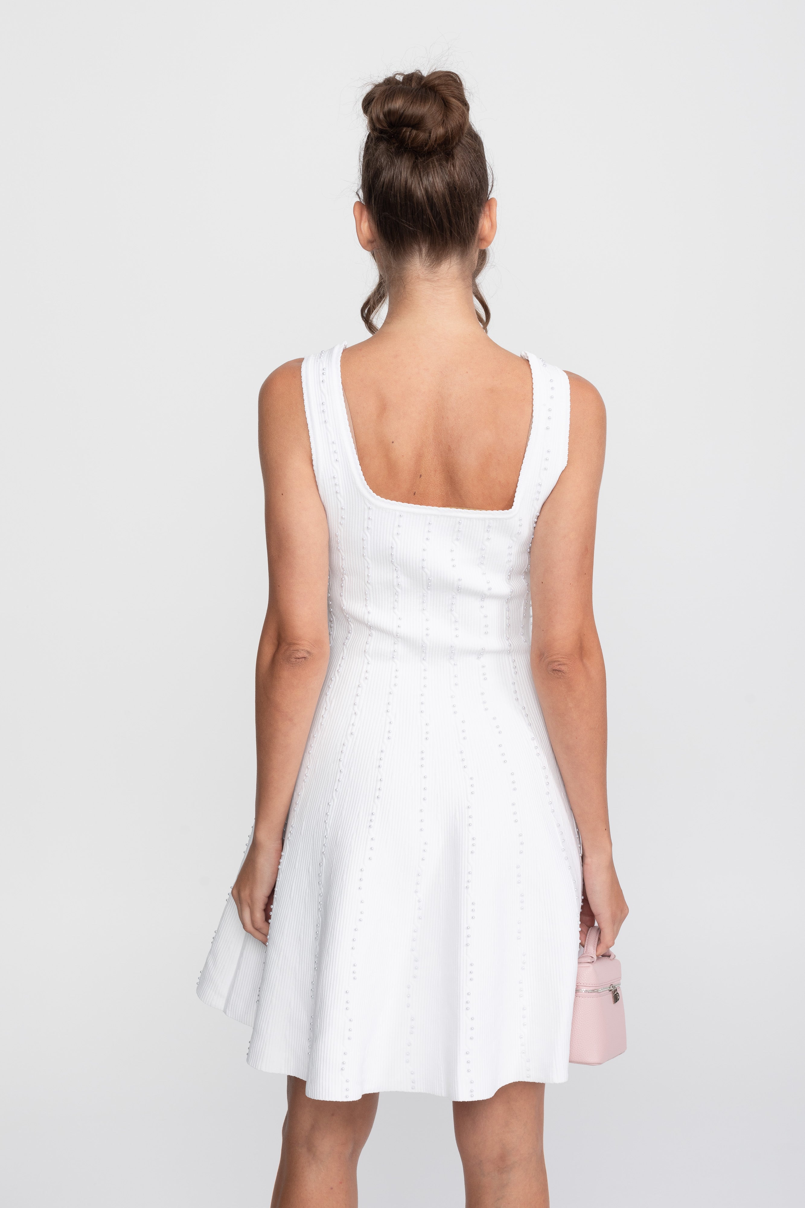 Pearl Beaded Ribbed Mini Dress With Square Neck - White