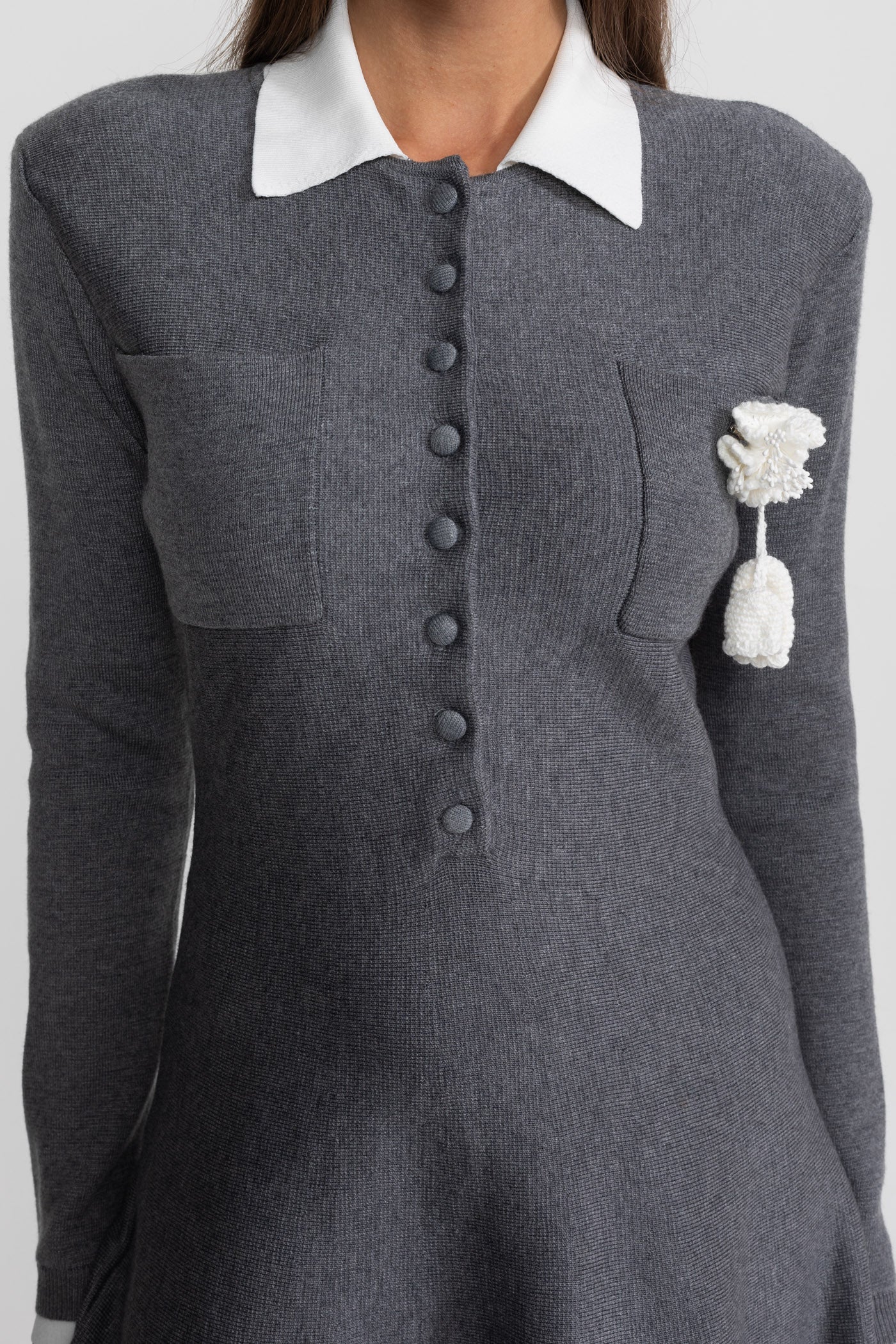 Mini Dress with Contrast Collar and Floral Brooch - Gray