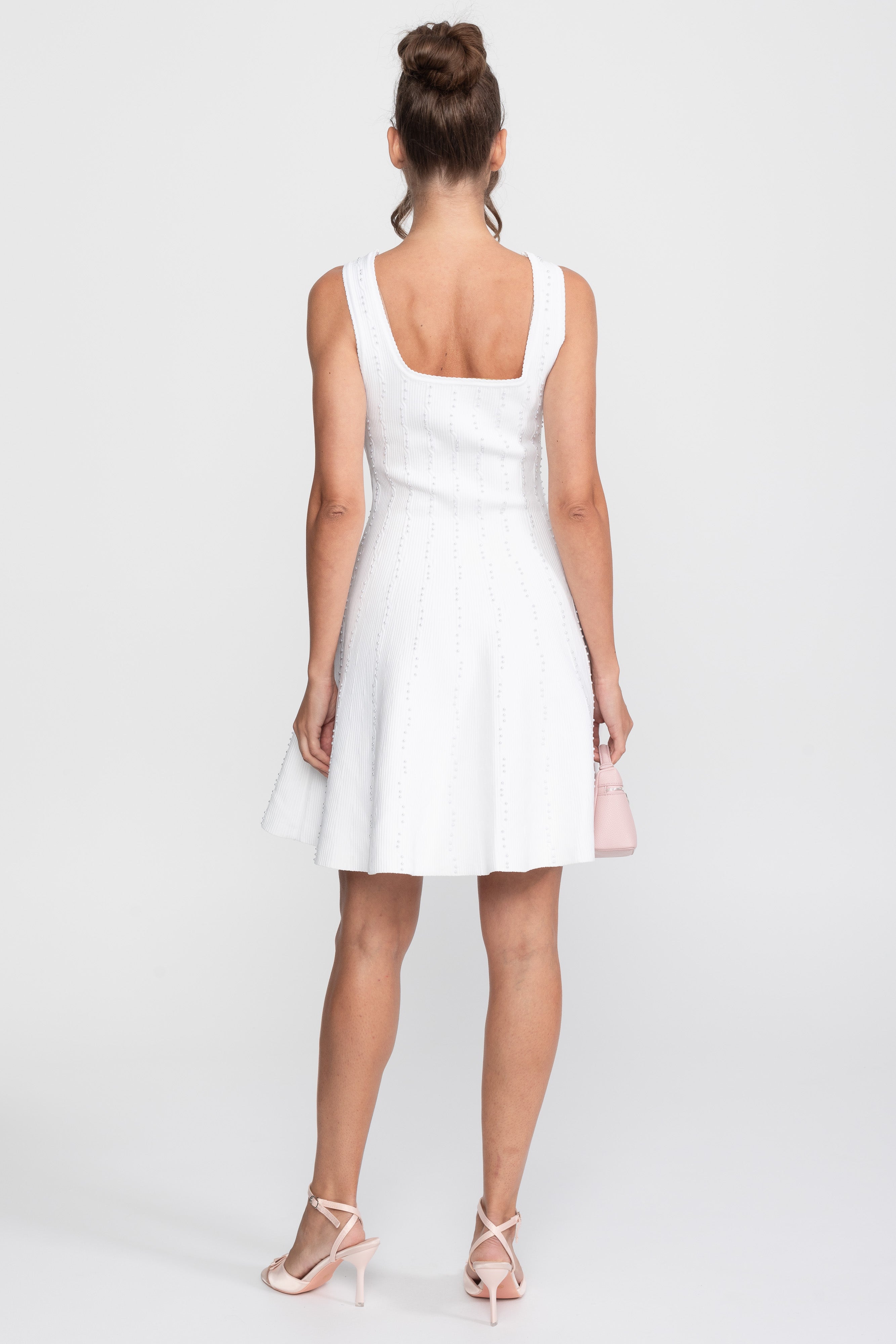 Pearl Beaded Ribbed Mini Dress With Square Neck - White