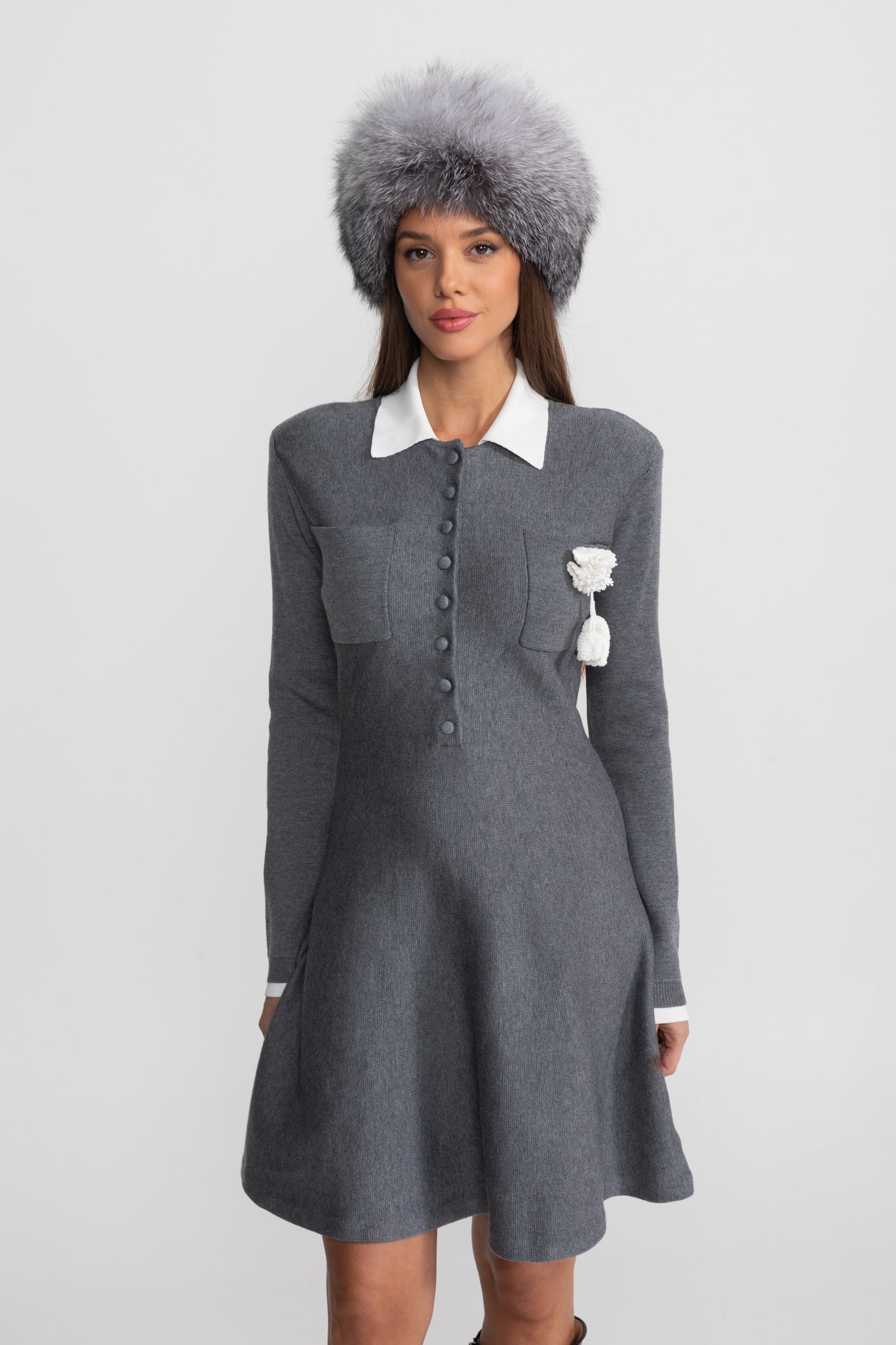 Mini Dress with Contrast Collar and Floral Brooch - Gray