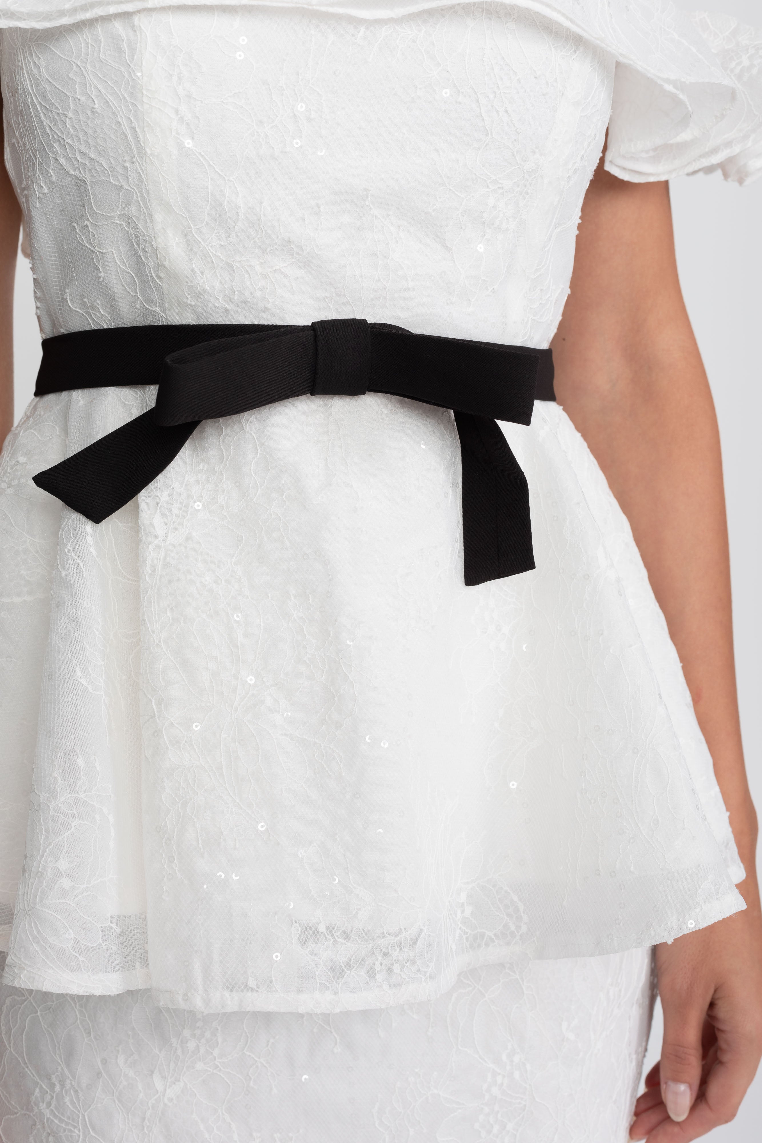 Off-Shoulder Peplum Top And Skirt Set With Black Ribbon Belt - White
