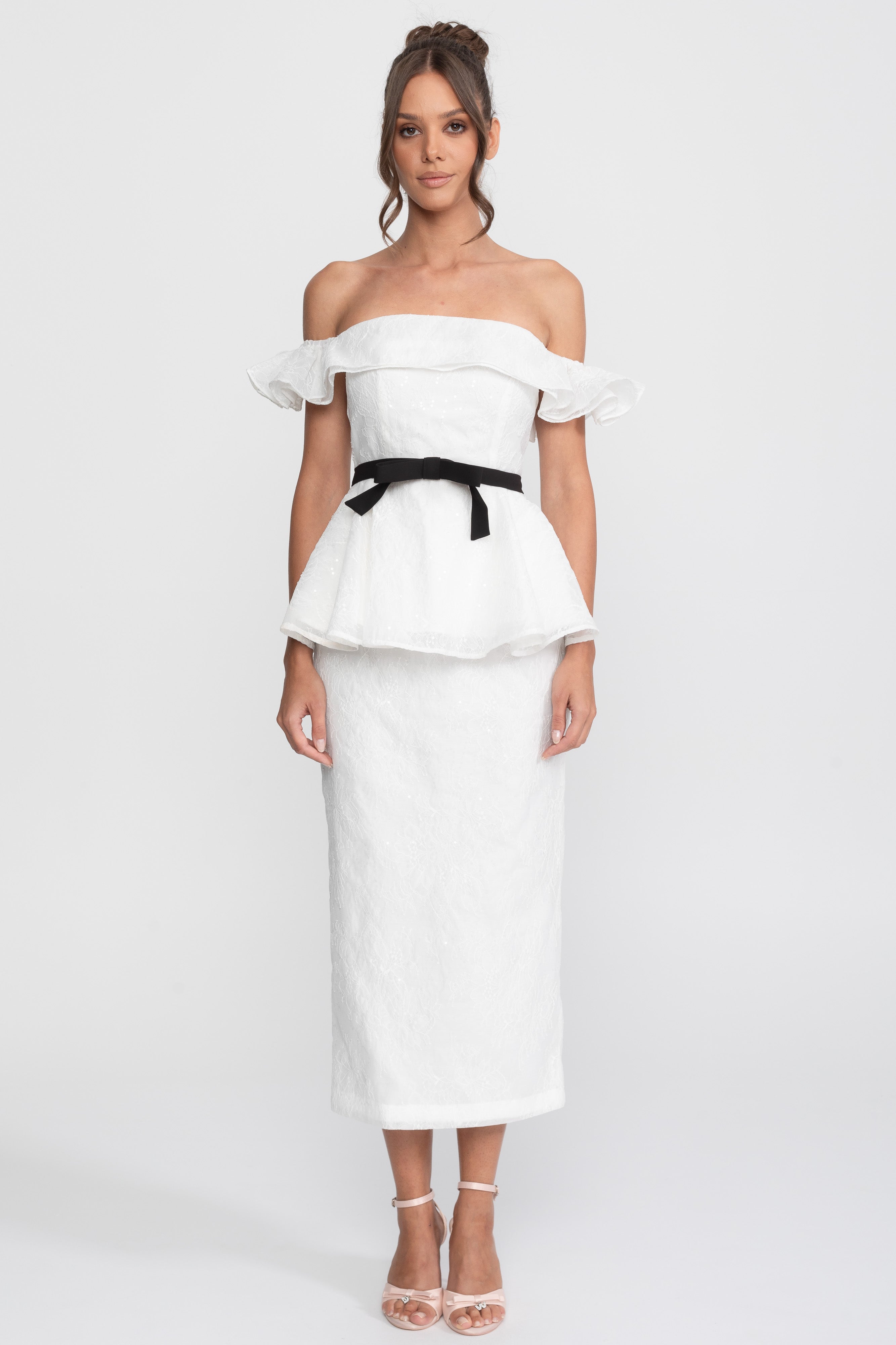 Off-Shoulder Peplum Top And Skirt Set With Black Ribbon Belt - White