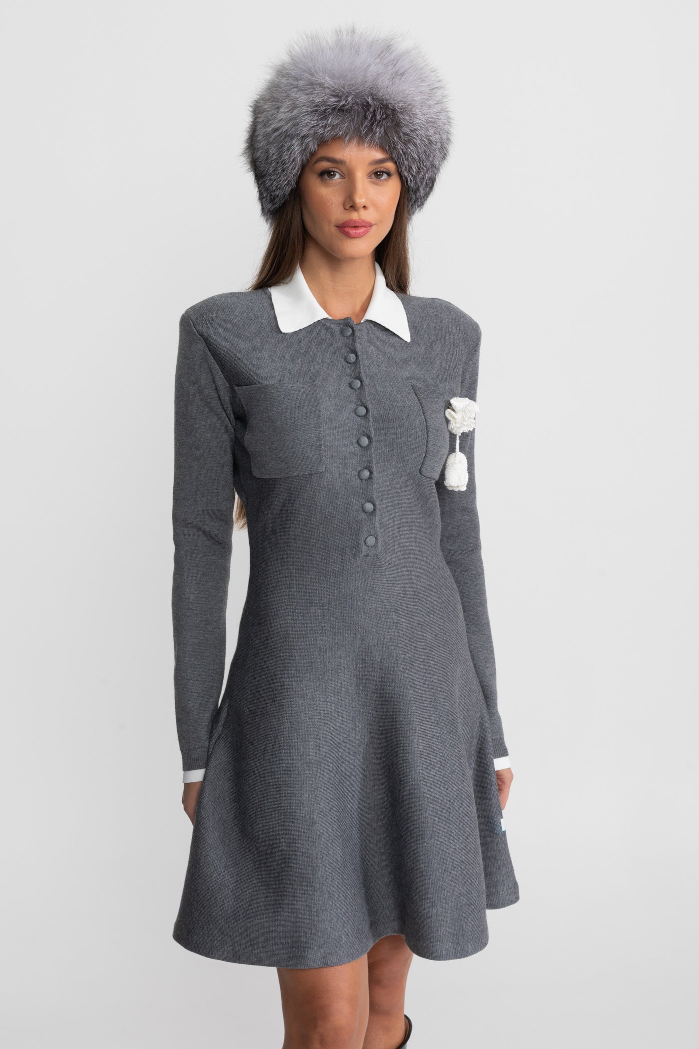 Mini Dress with Contrast Collar and Floral Brooch - Gray