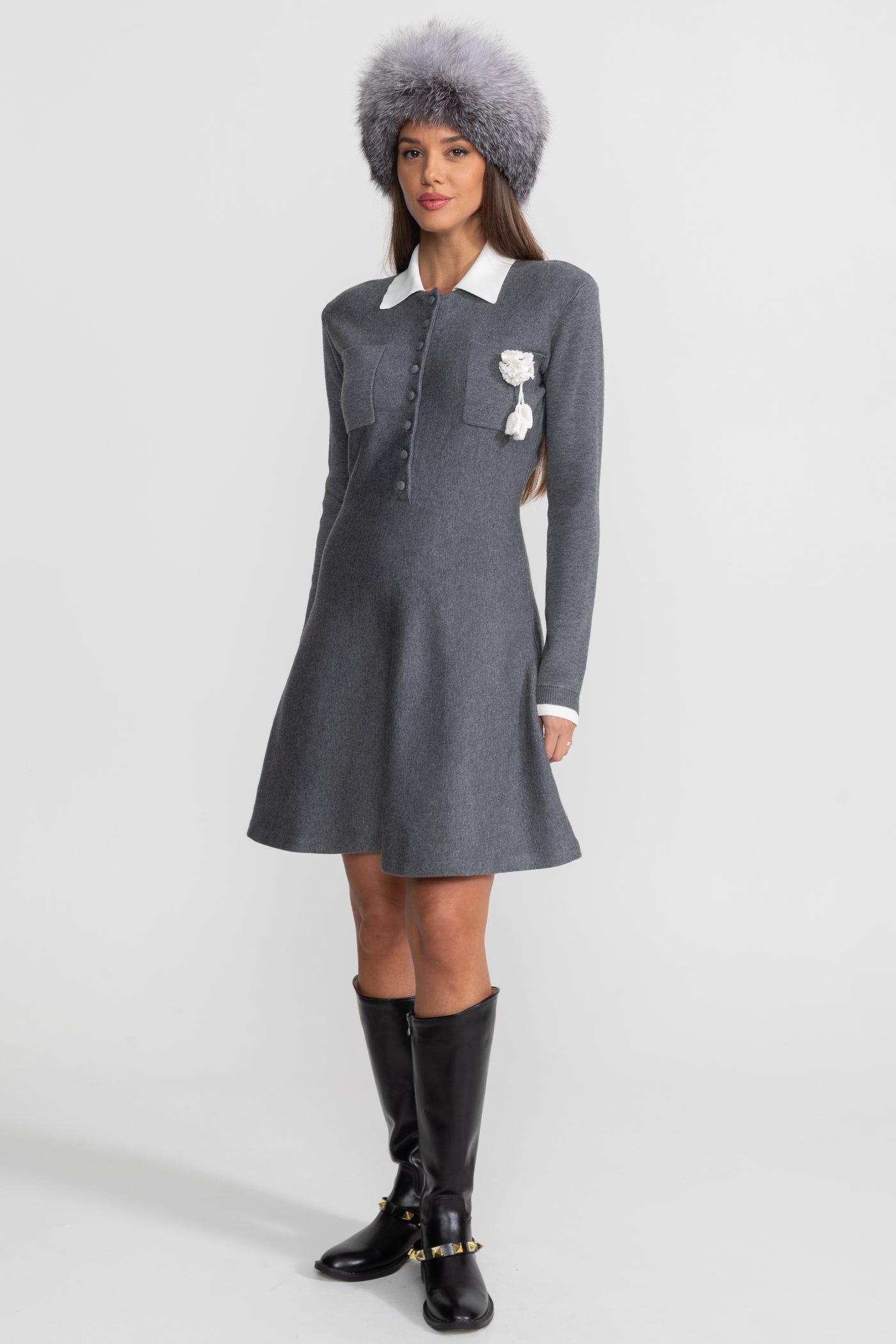 Mini Dress with Contrast Collar and Floral Brooch - Gray