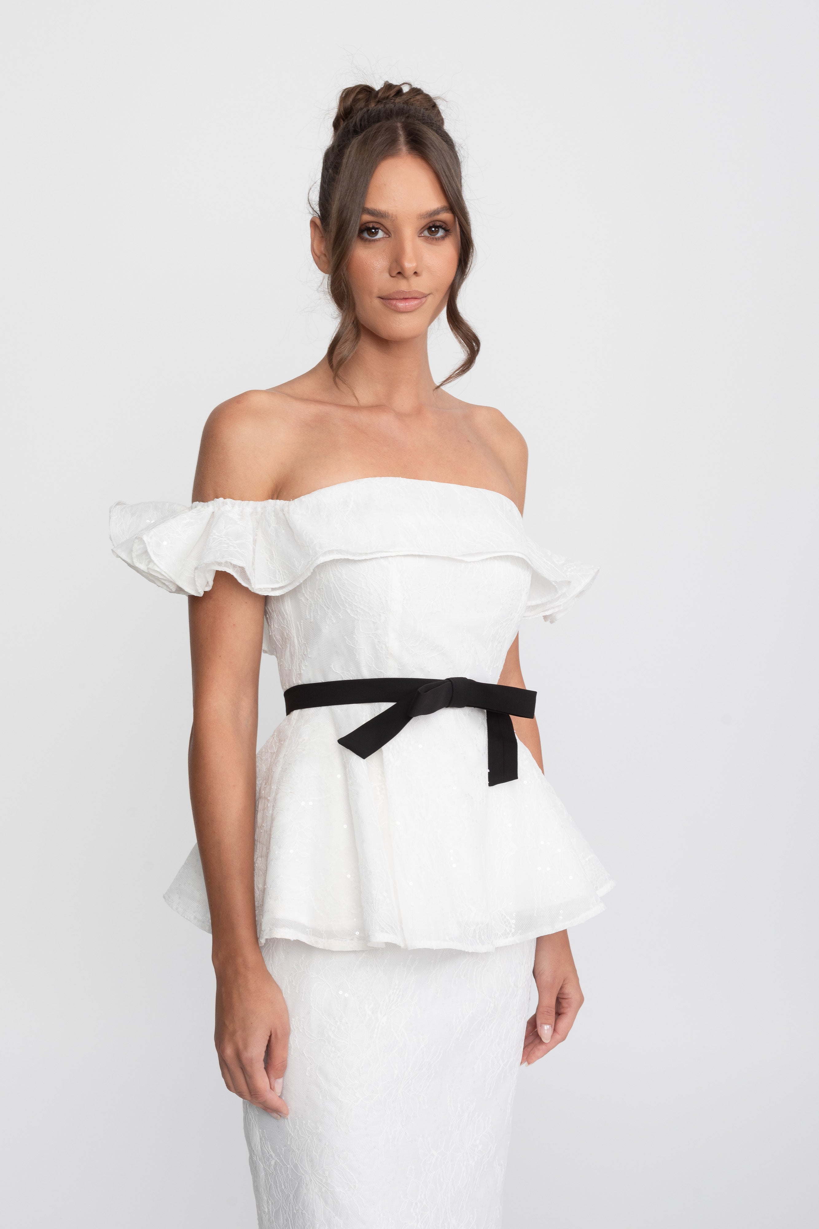 Off-Shoulder Peplum Top And Skirt Set With Black Ribbon Belt - White