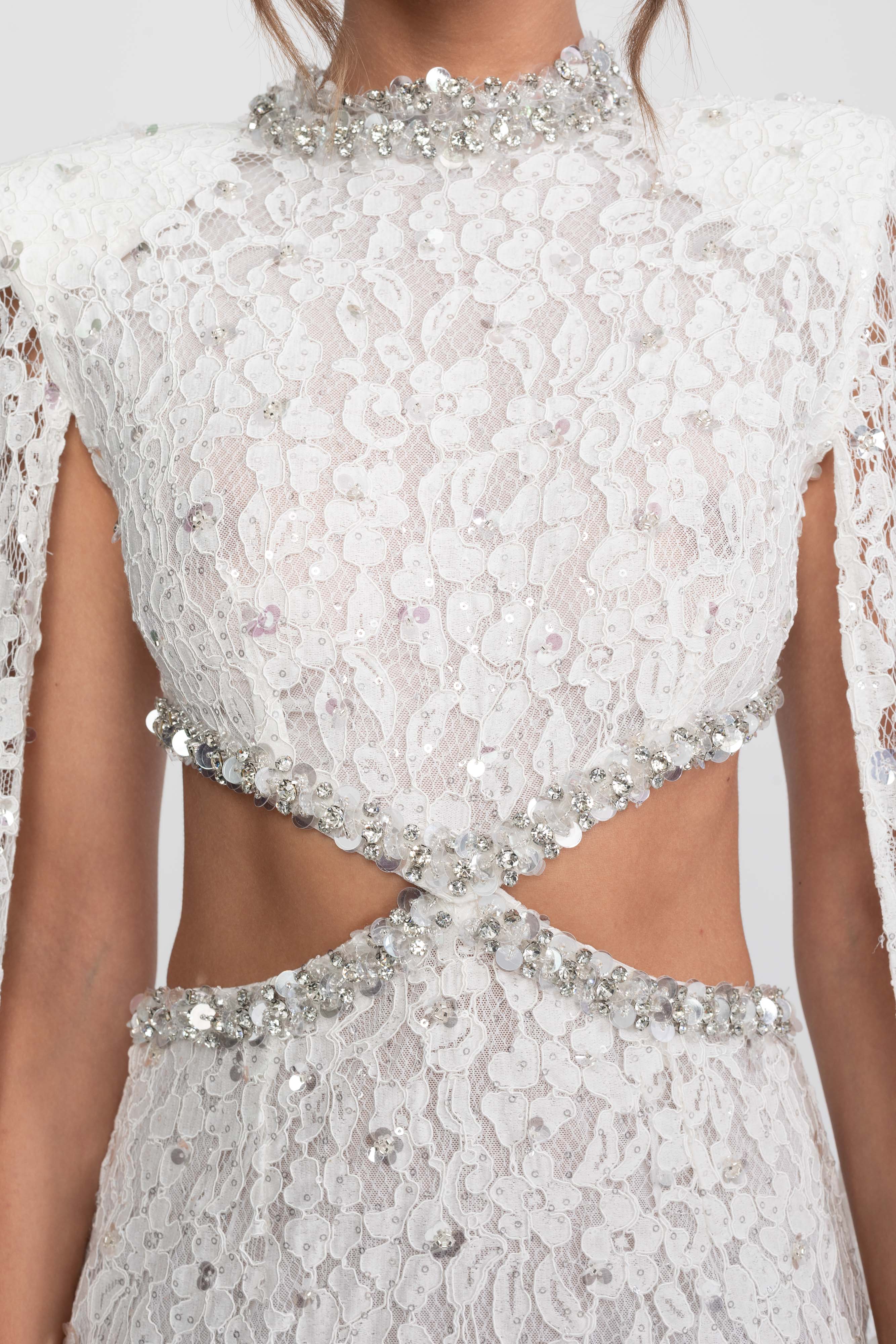 Crystal Cutout Lace Gown With Sequin Embellishments - White