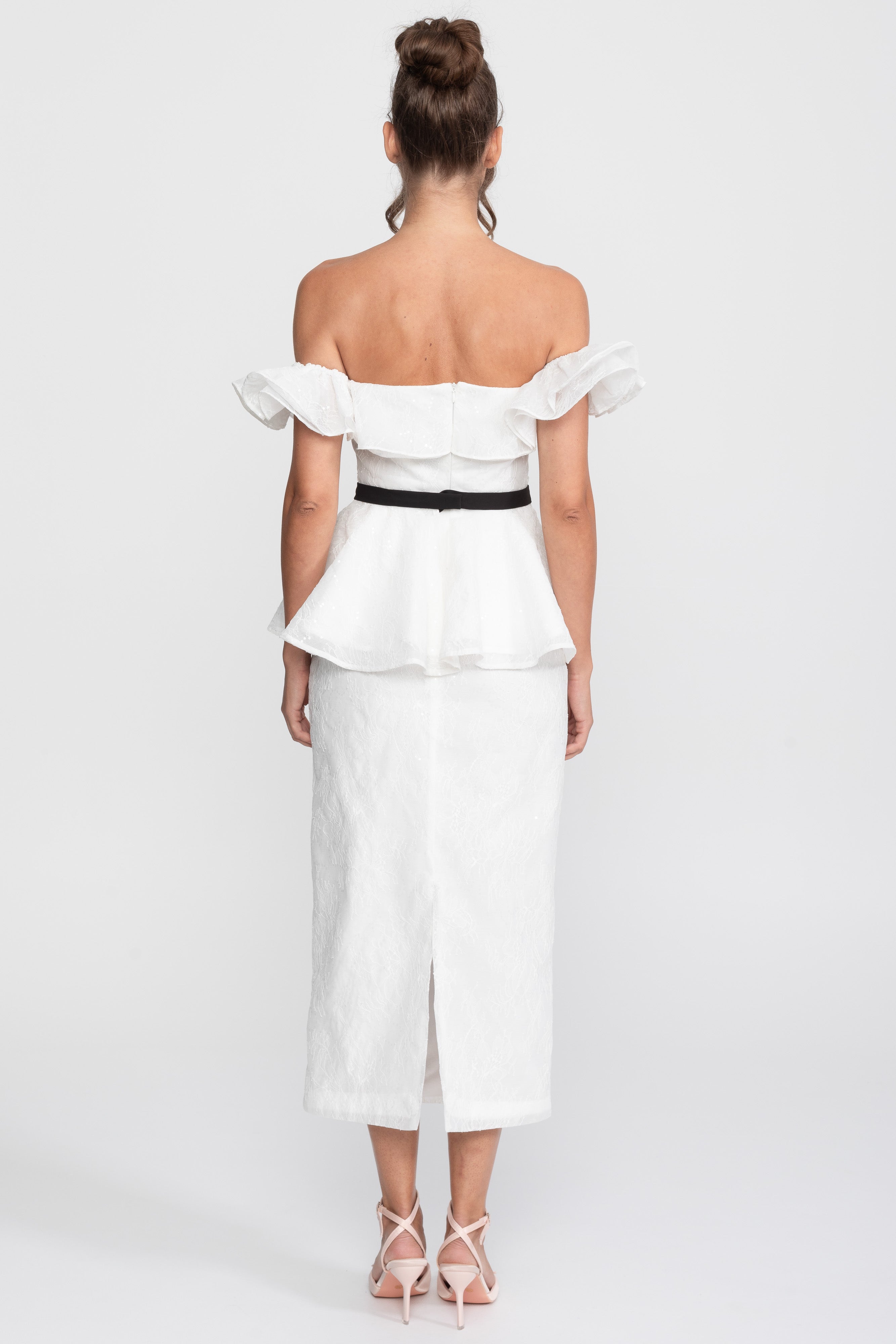Off-Shoulder Peplum Top And Skirt Set With Black Ribbon Belt - White