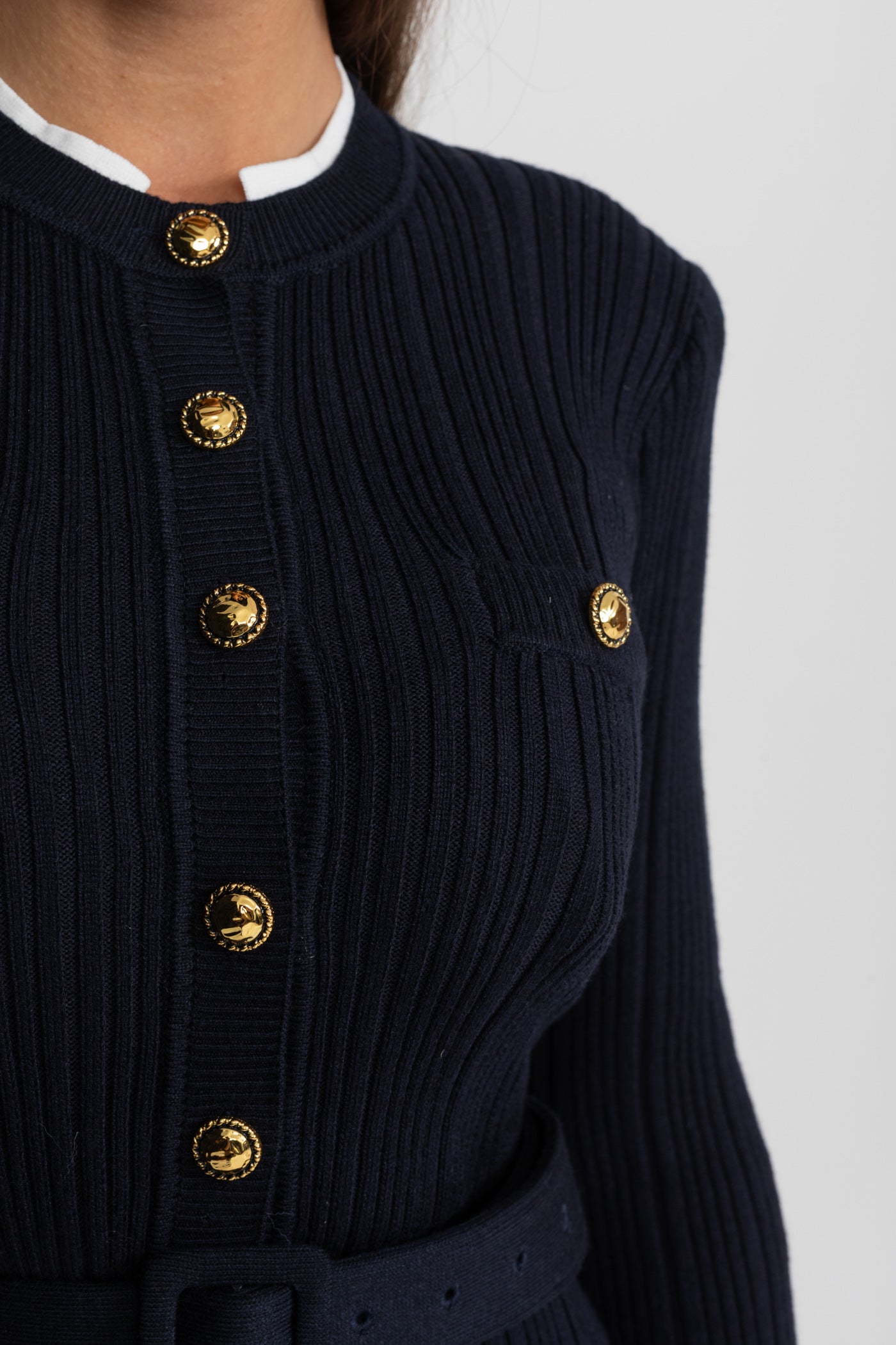 Ribbed Knit Mini Dress with Gold Button Fastening - Dark Blue