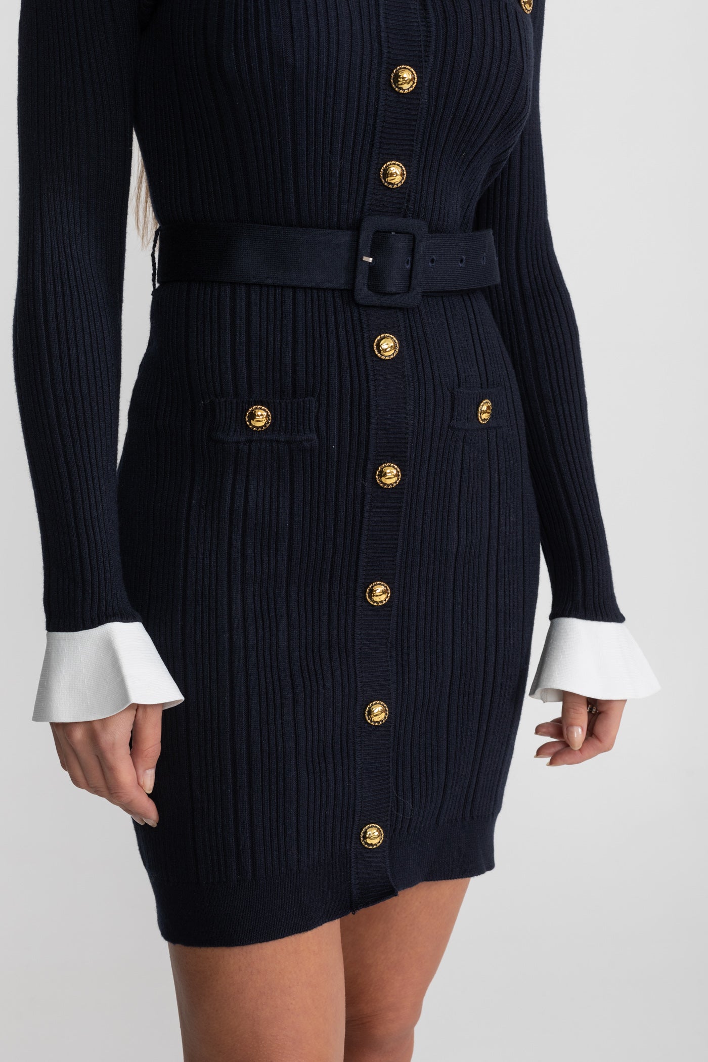 Ribbed Knit Mini Dress with Gold Button Fastening - Dark Blue