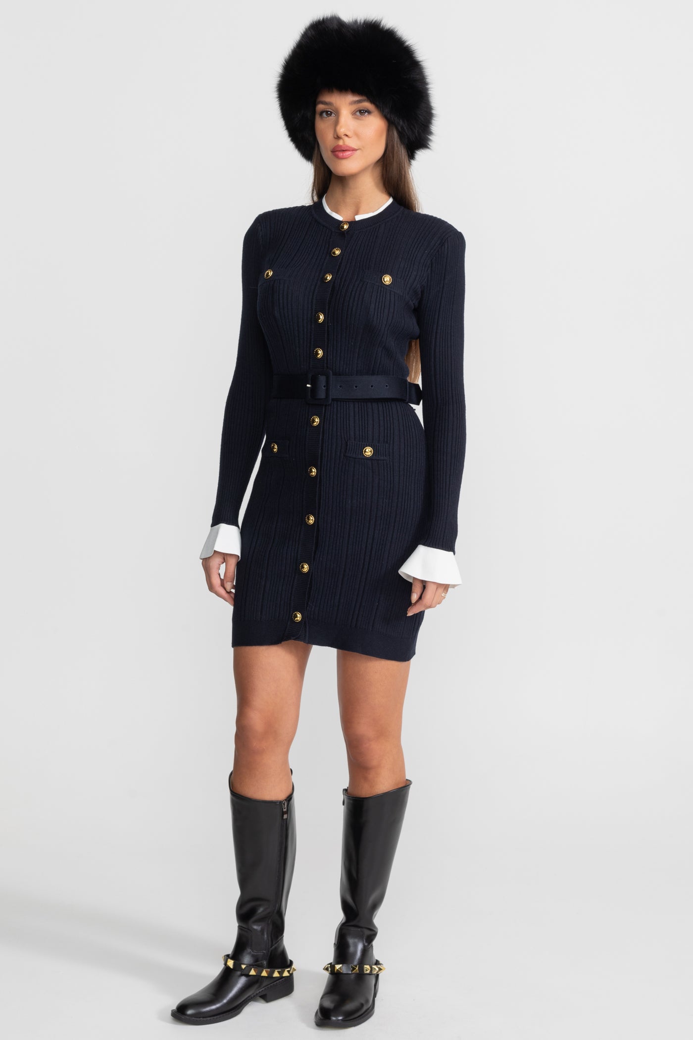 Ribbed Knit Mini Dress with Gold Button Fastening - Dark Blue