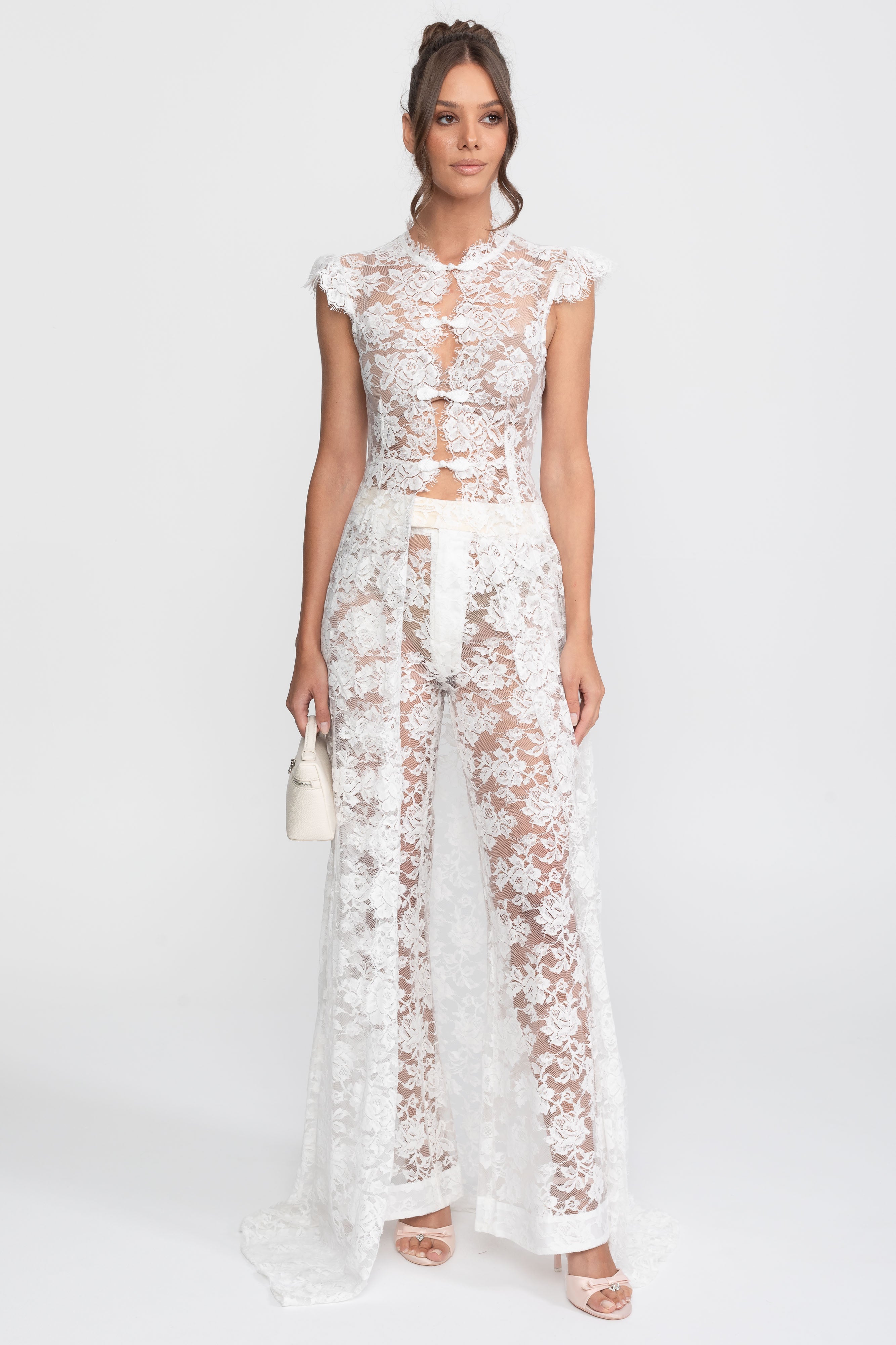 Sheer Lace Top And Palazzo Pants Set With Trailing Panel - White