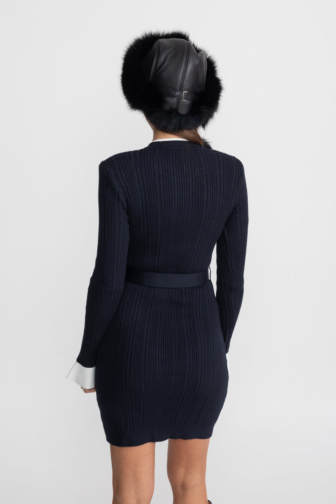 Ribbed Knit Mini Dress with Gold Button Fastening - Dark Blue