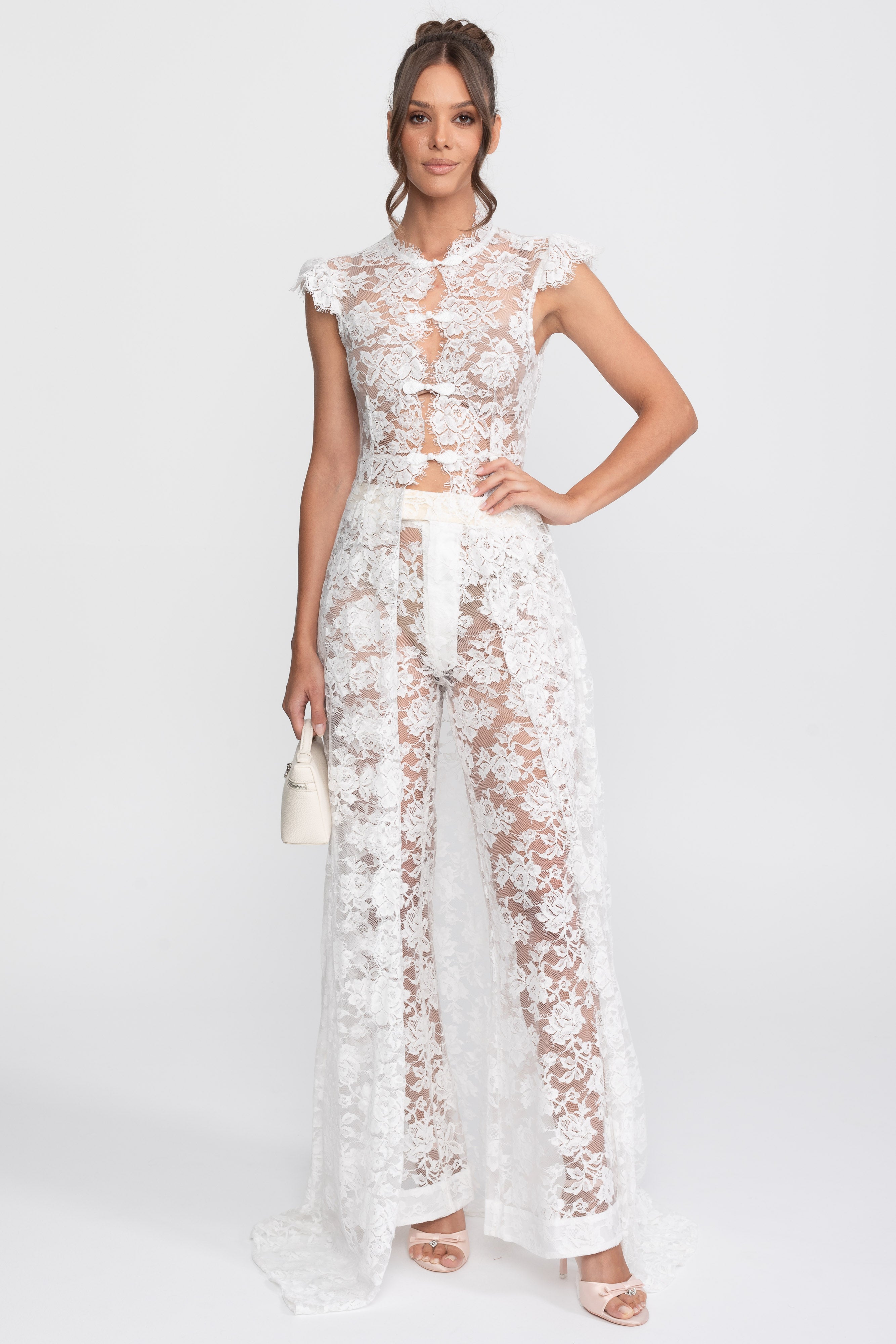 Sheer Lace Top And Palazzo Pants Set With Trailing Panel - White