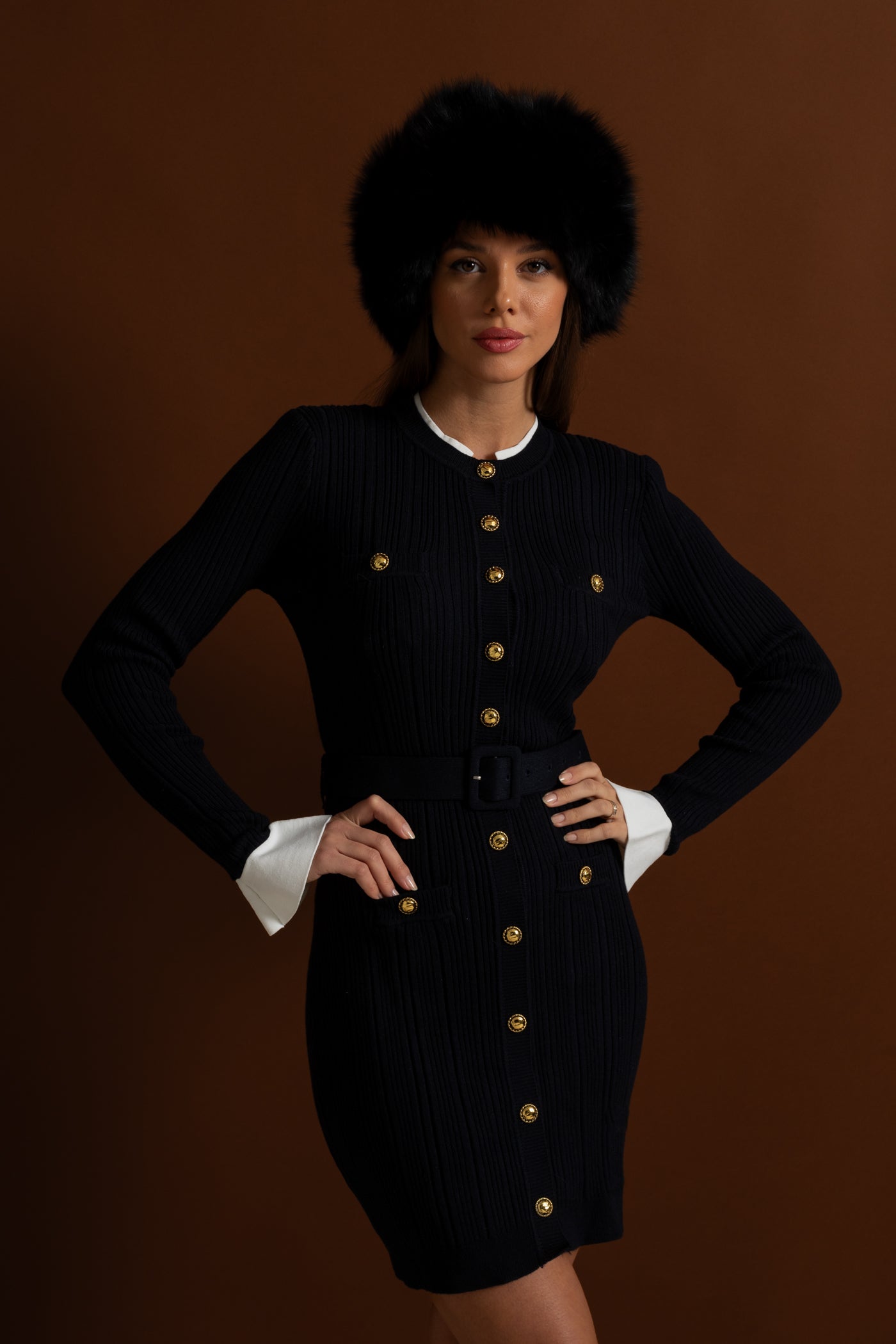 Ribbed Knit Mini Dress with Gold Button Fastening - Dark Blue