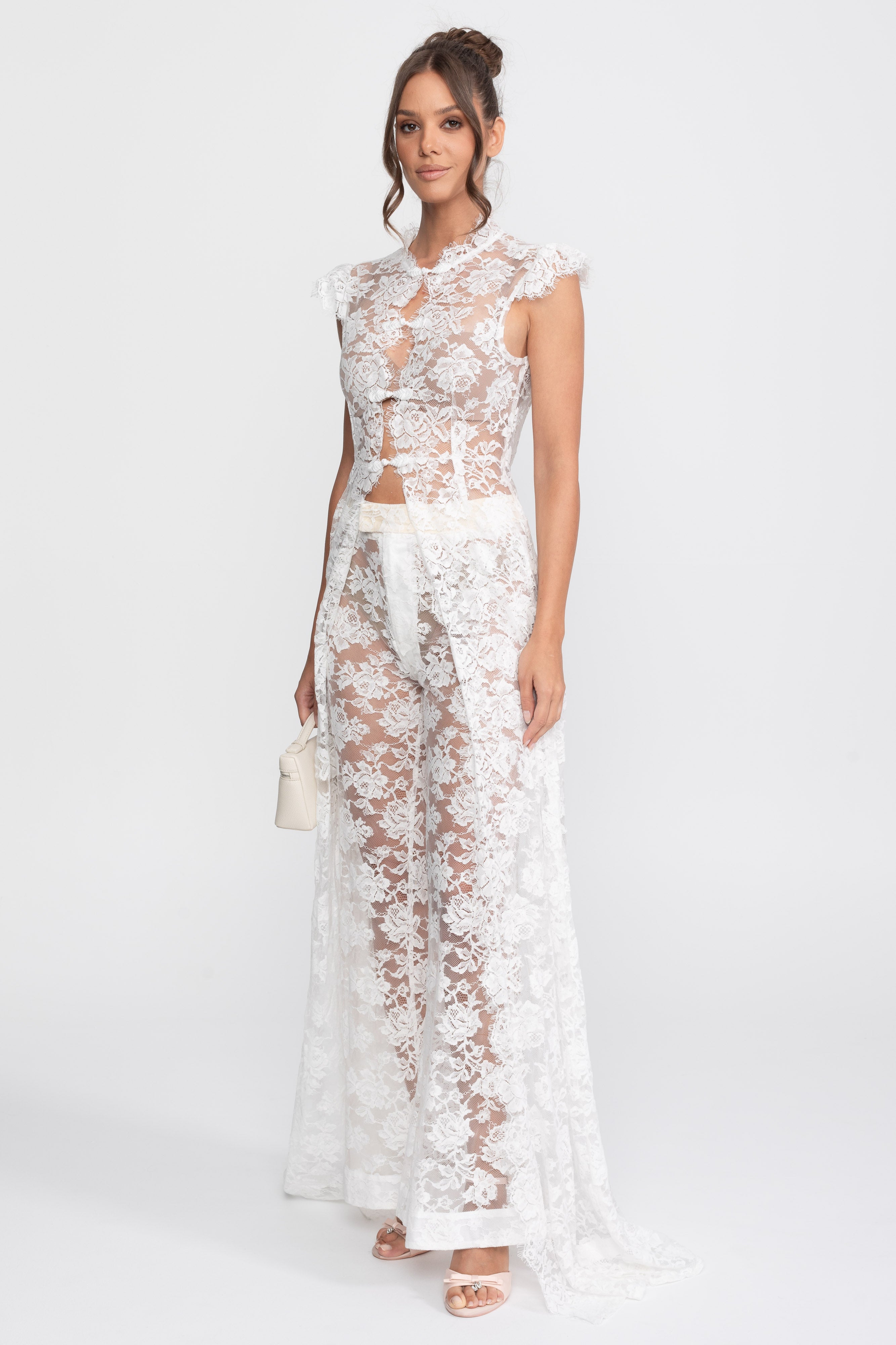 Sheer Lace Top And Palazzo Pants Set With Trailing Panel - White