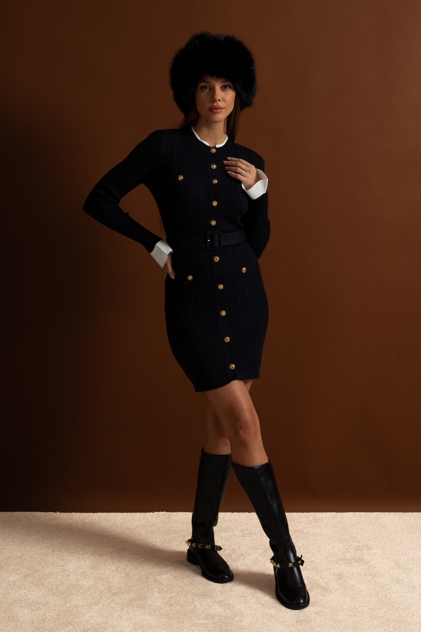 Ribbed Knit Mini Dress with Gold Button Fastening - Dark Blue