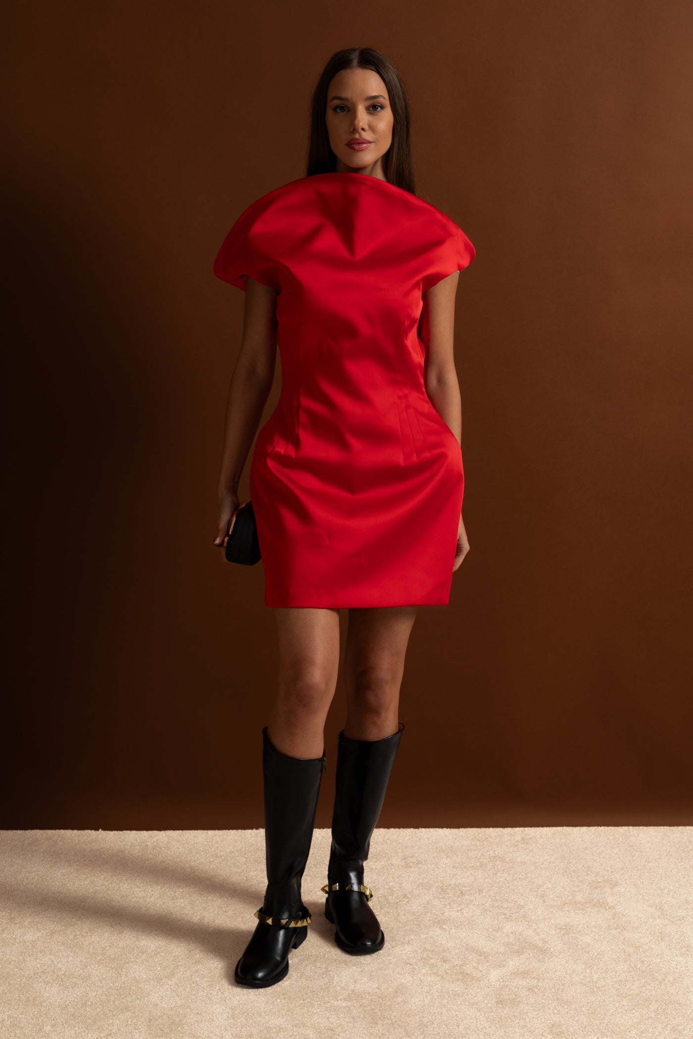 Satin Mini Dress with Sculptural Shoulder Detail - Red