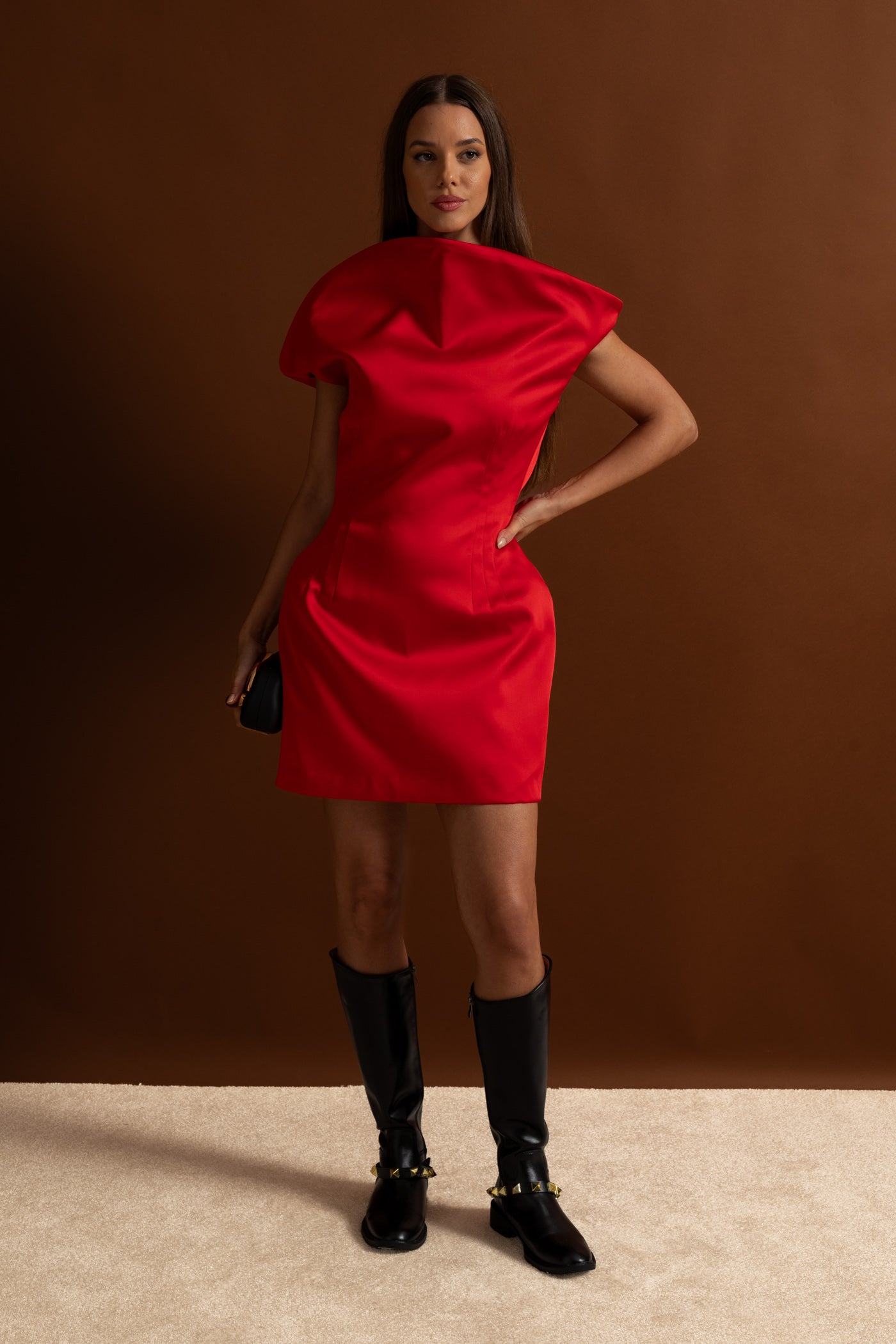 Satin Mini Dress with Sculptural Shoulder Detail - Red