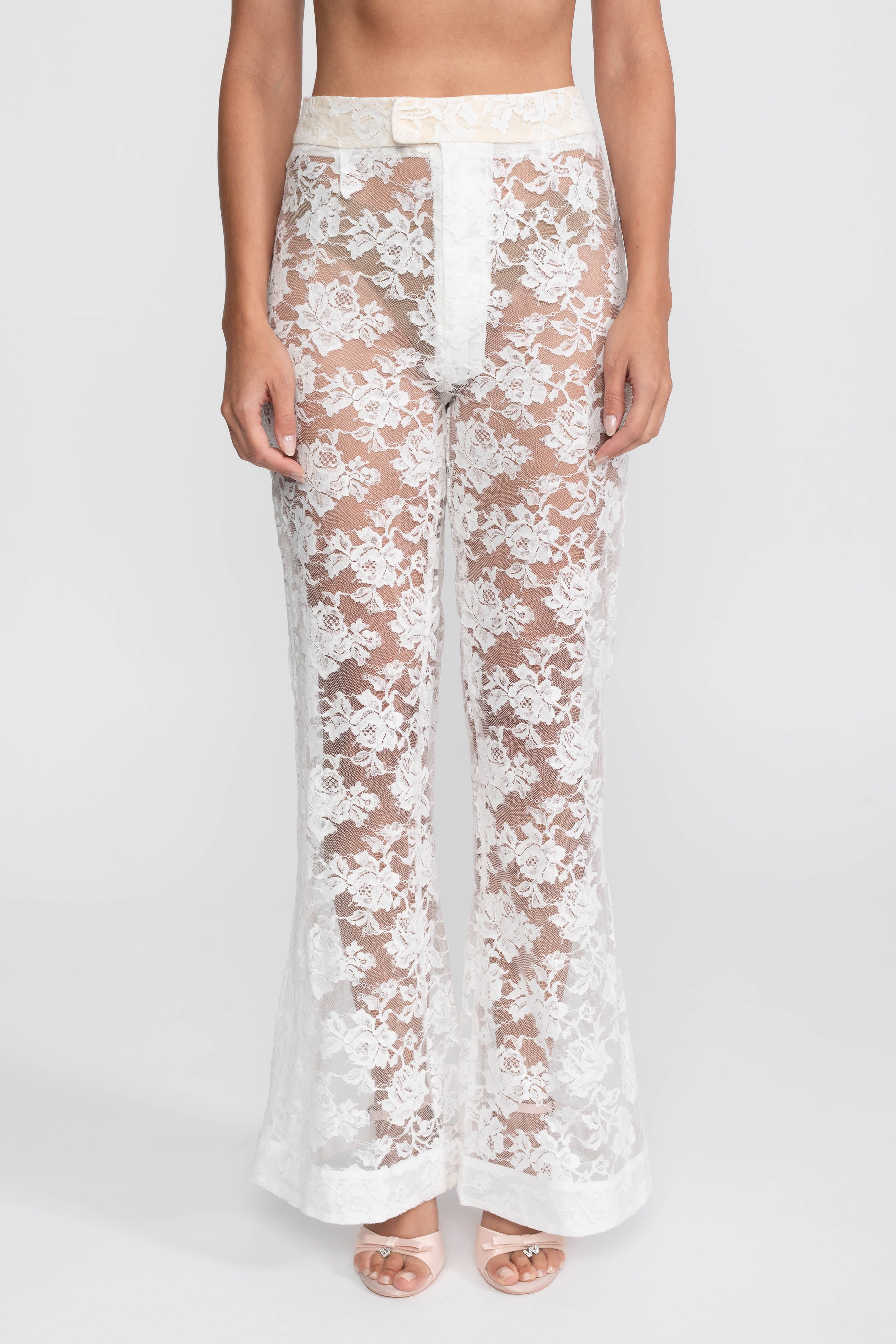 Sheer Lace Top And Palazzo Pants Set With Trailing Panel - White