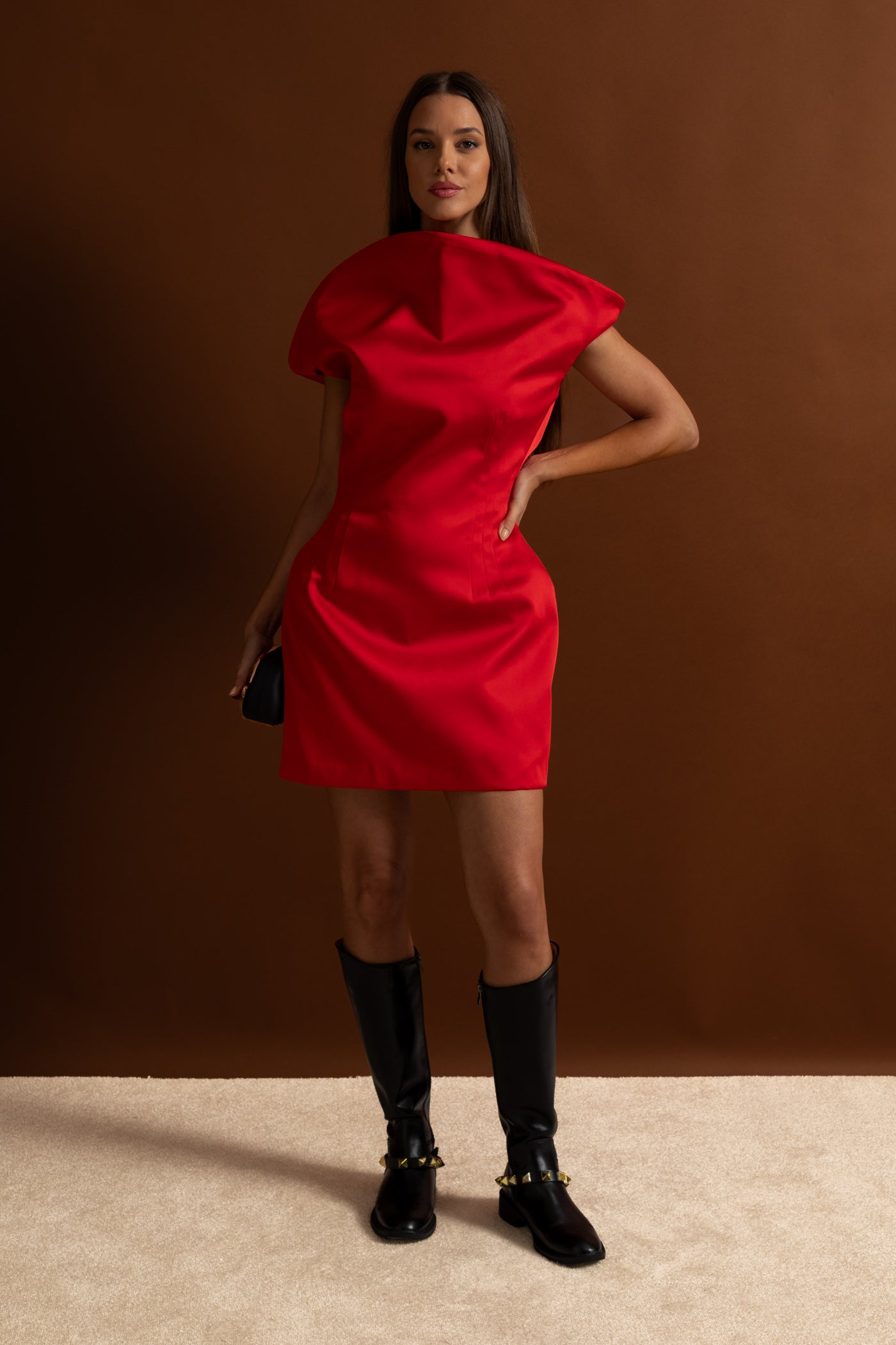 Satin Mini Dress with Sculptural Shoulder Detail - Red