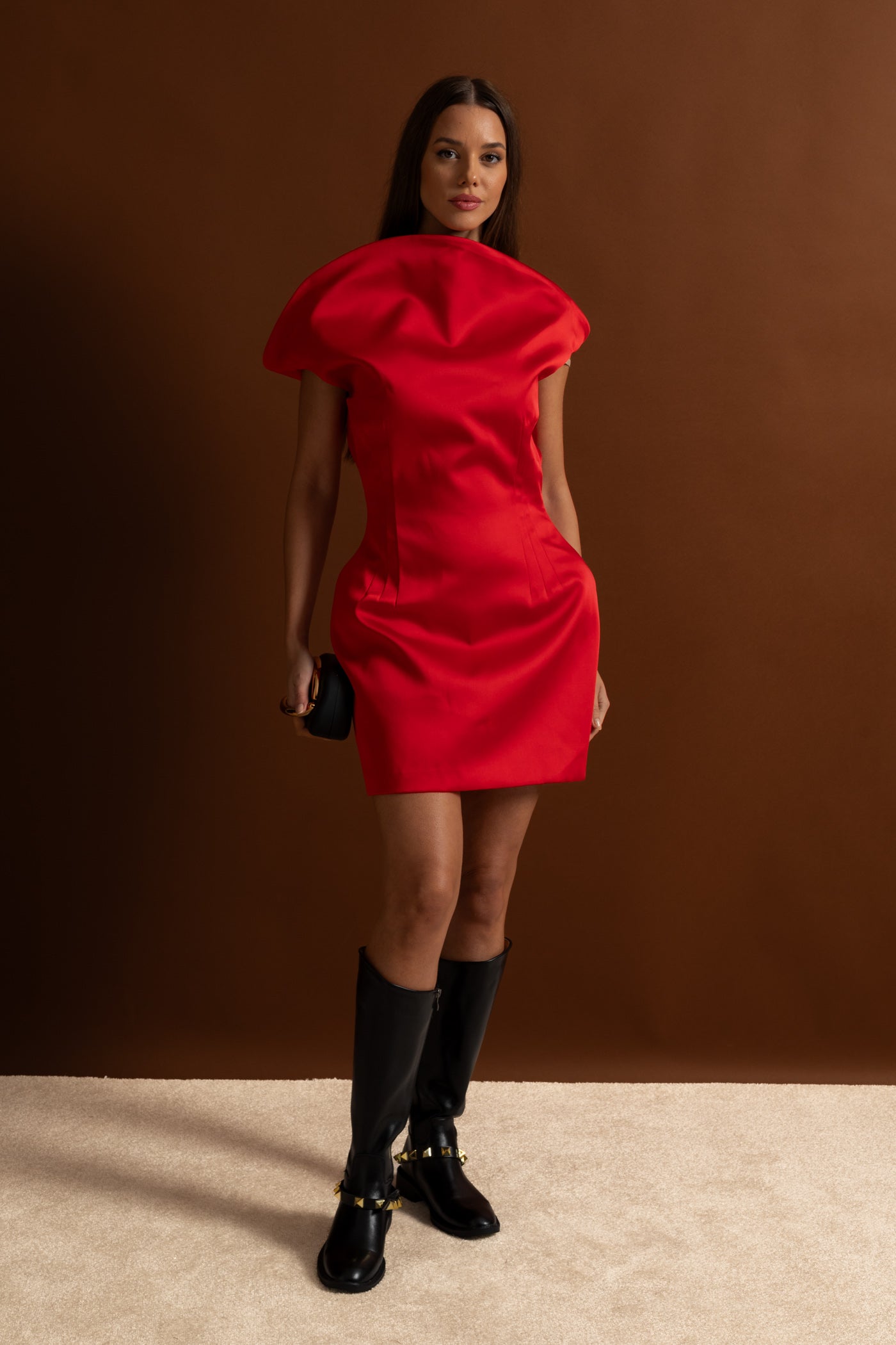 Satin Mini Dress with Sculptural Shoulder Detail - Red