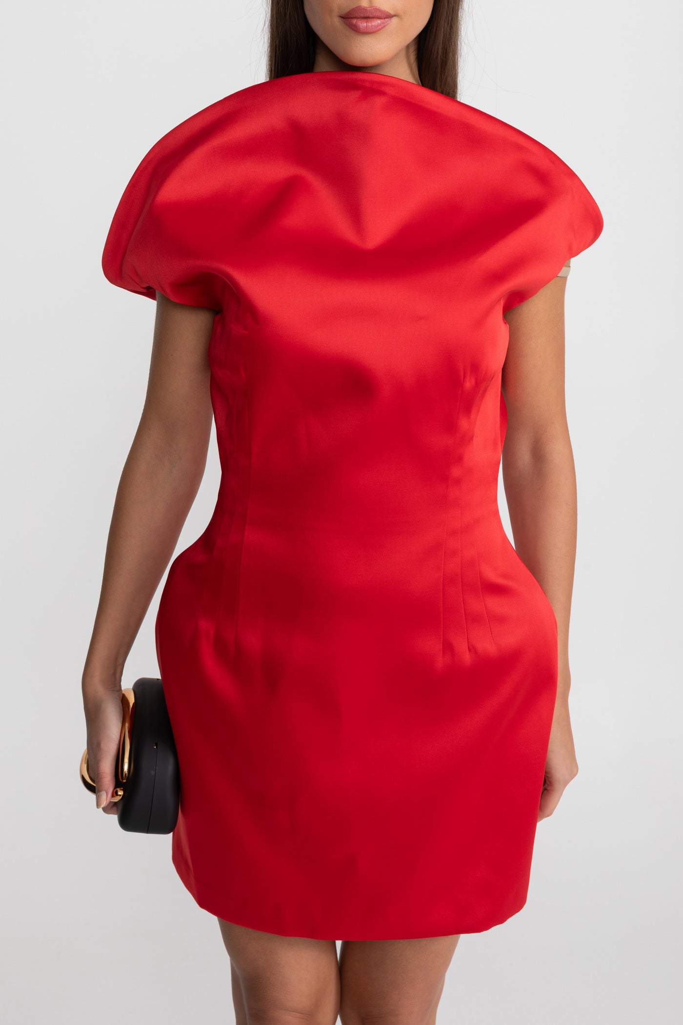 Satin Mini Dress with Sculptural Shoulder Detail - Red