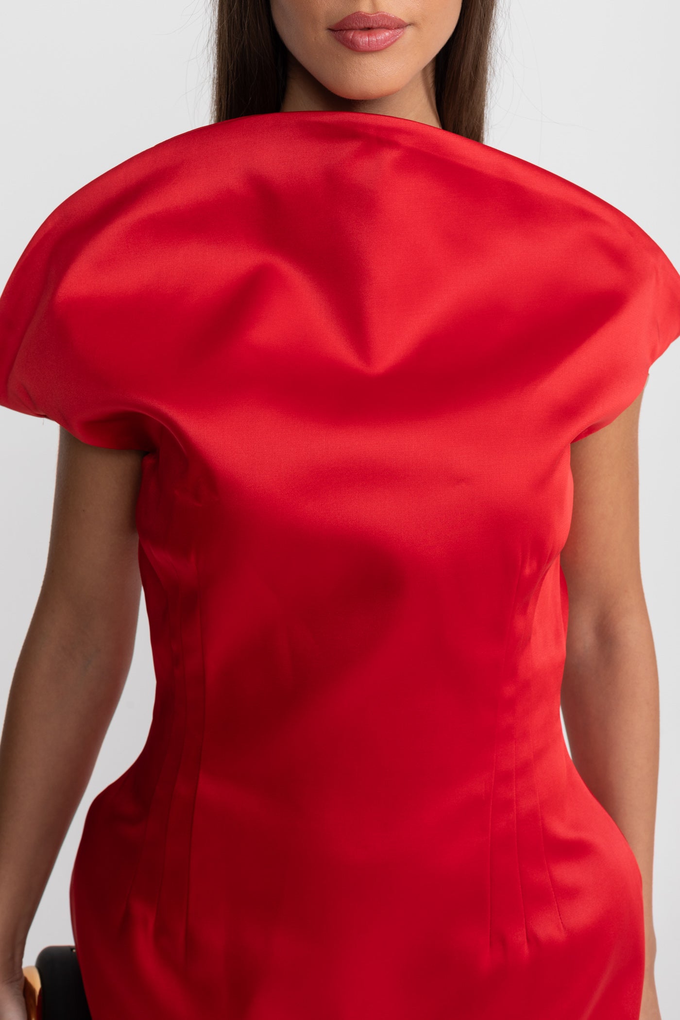 Satin Mini Dress with Sculptural Shoulder Detail - Red